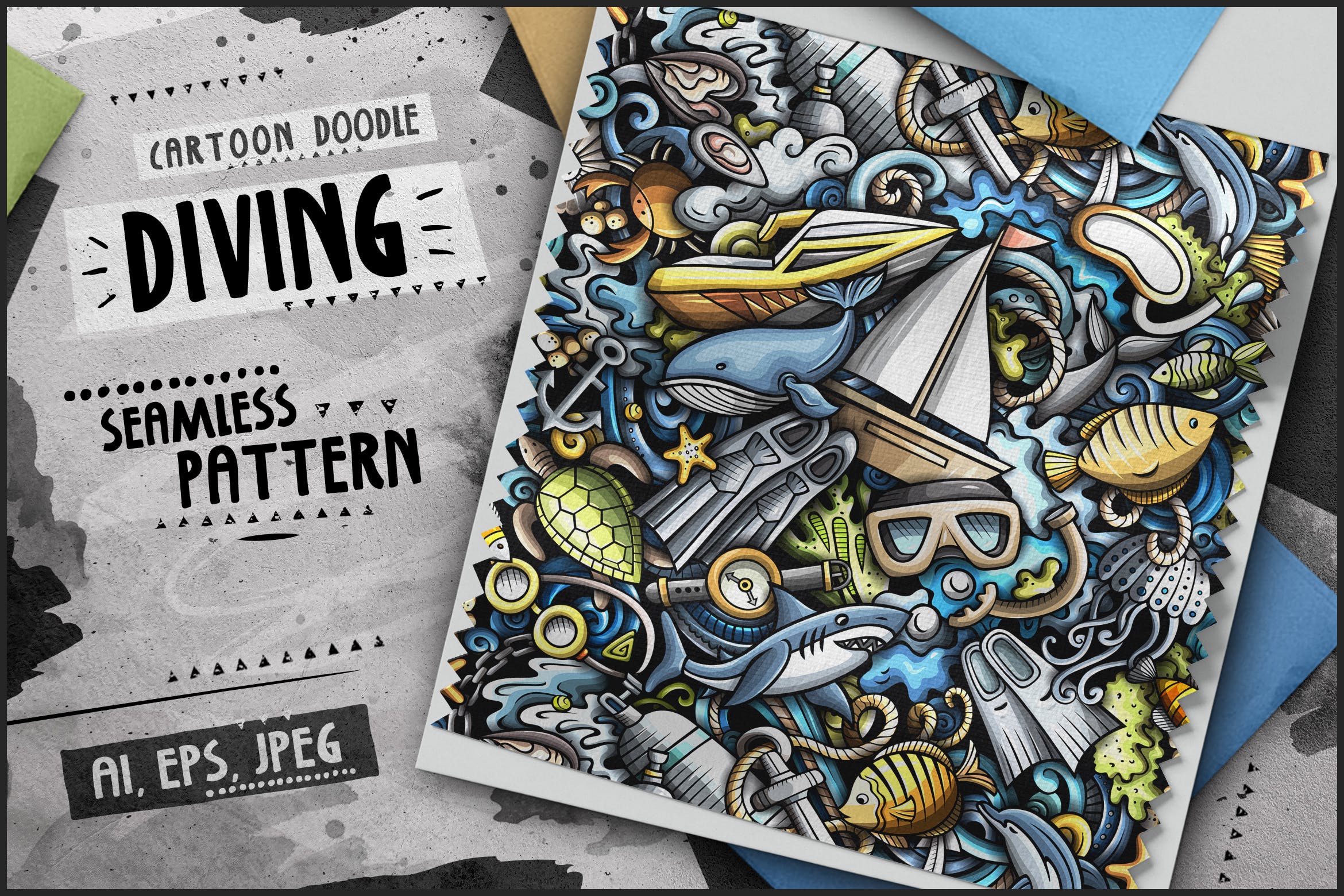 海洋元素卡通无缝图案素材 Diving Cartoon Seamless Pattern