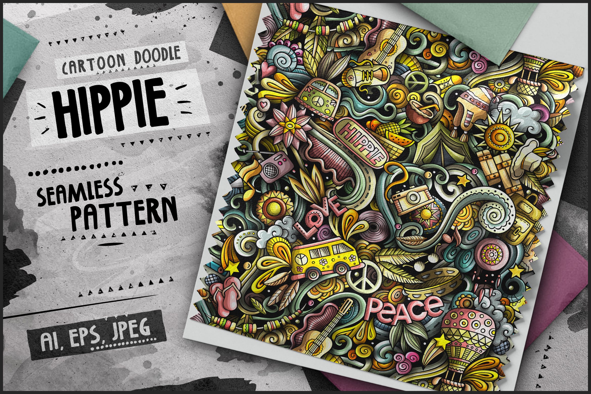 嬉皮士元素卡通无缝图案素材 Hippie Cartoon Seamless Pattern