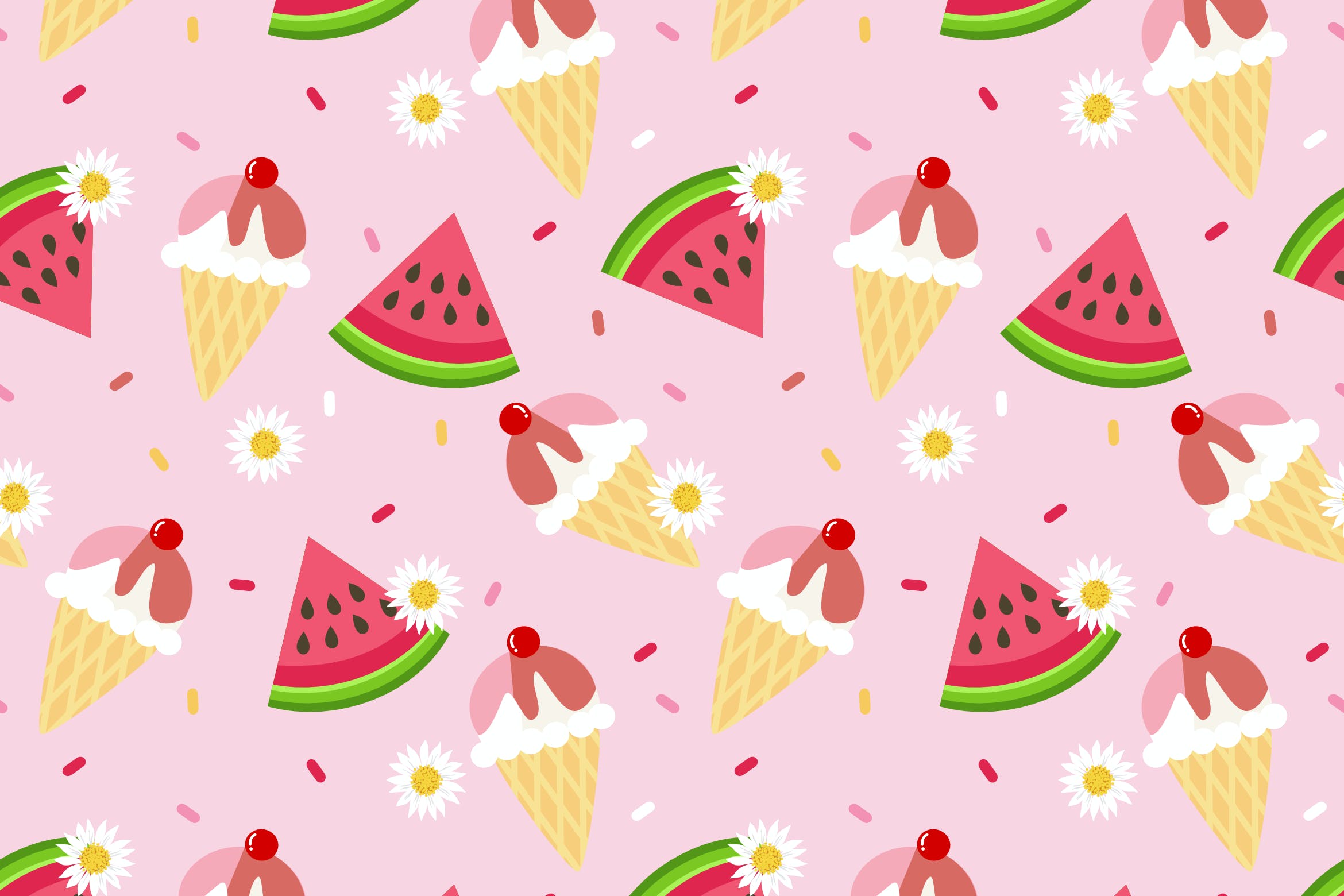 冰淇淋和西瓜无缝图案 Ice-cream and Pink Watermelon Seamless Pattern