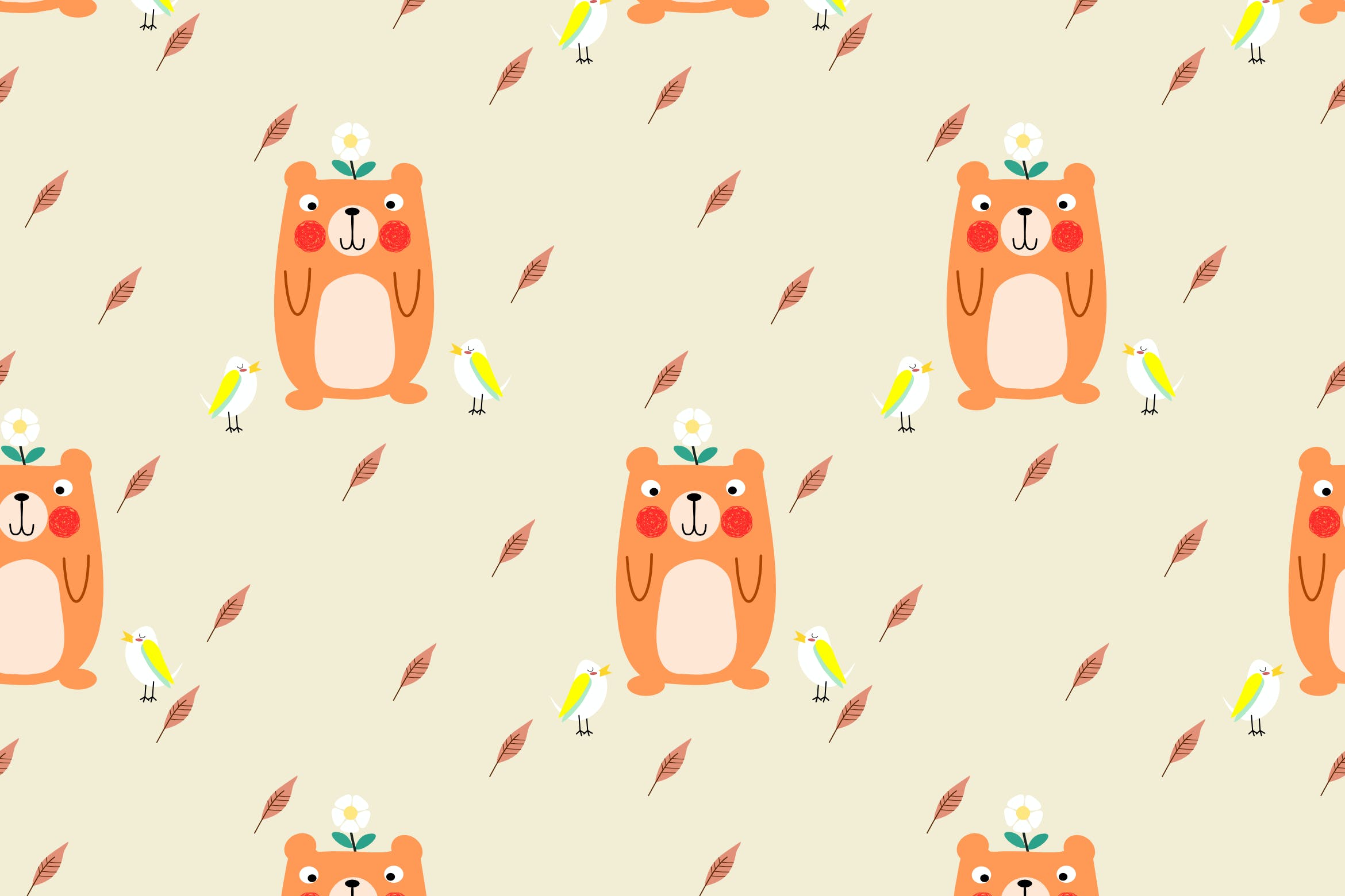 可爱的熊和小鸟无缝图案 Cute Bear and Little Bird Seamless Pattern