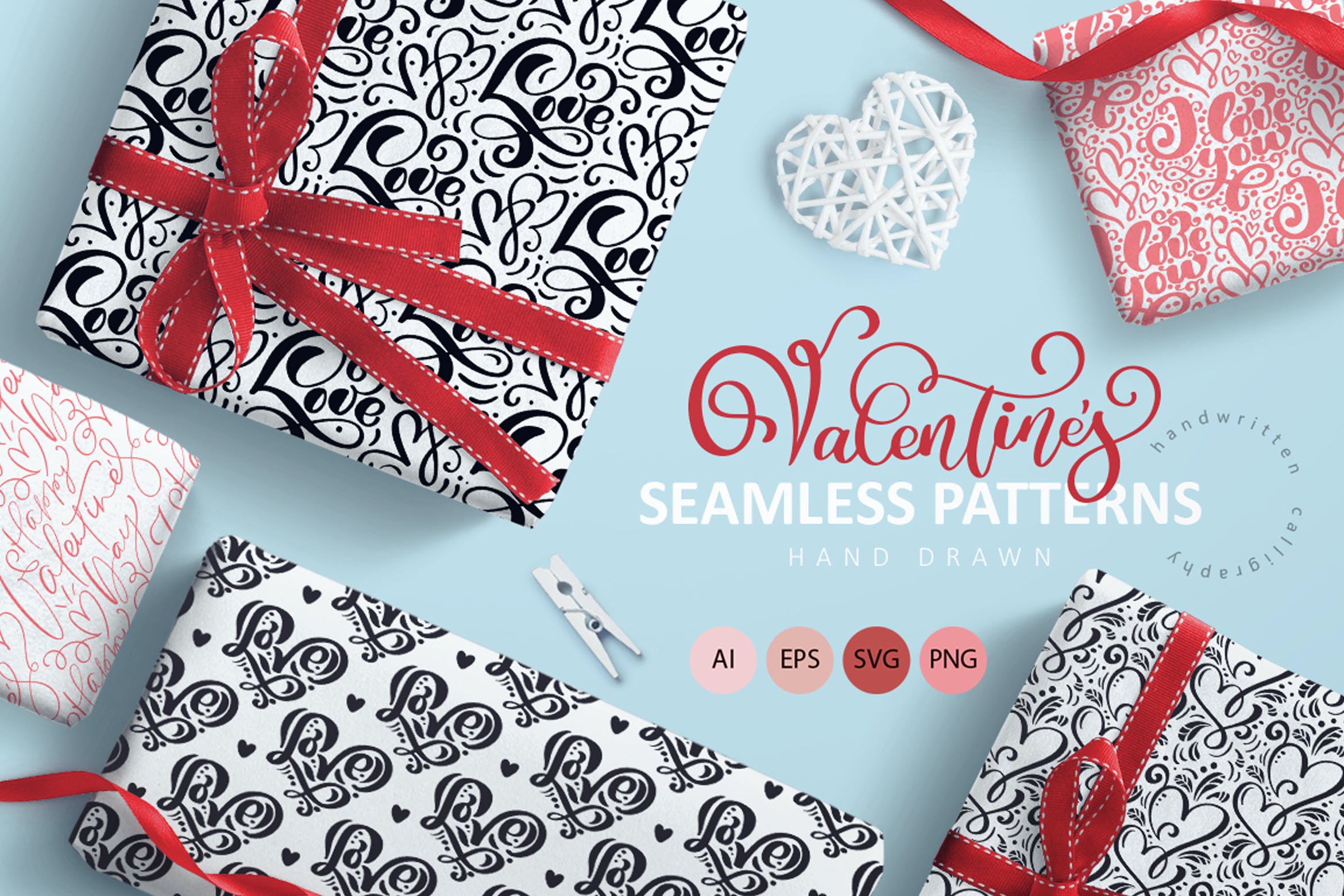 情人节爱心手绘无缝图案 Valentine`s Hand Drawn Seamless Patterns
