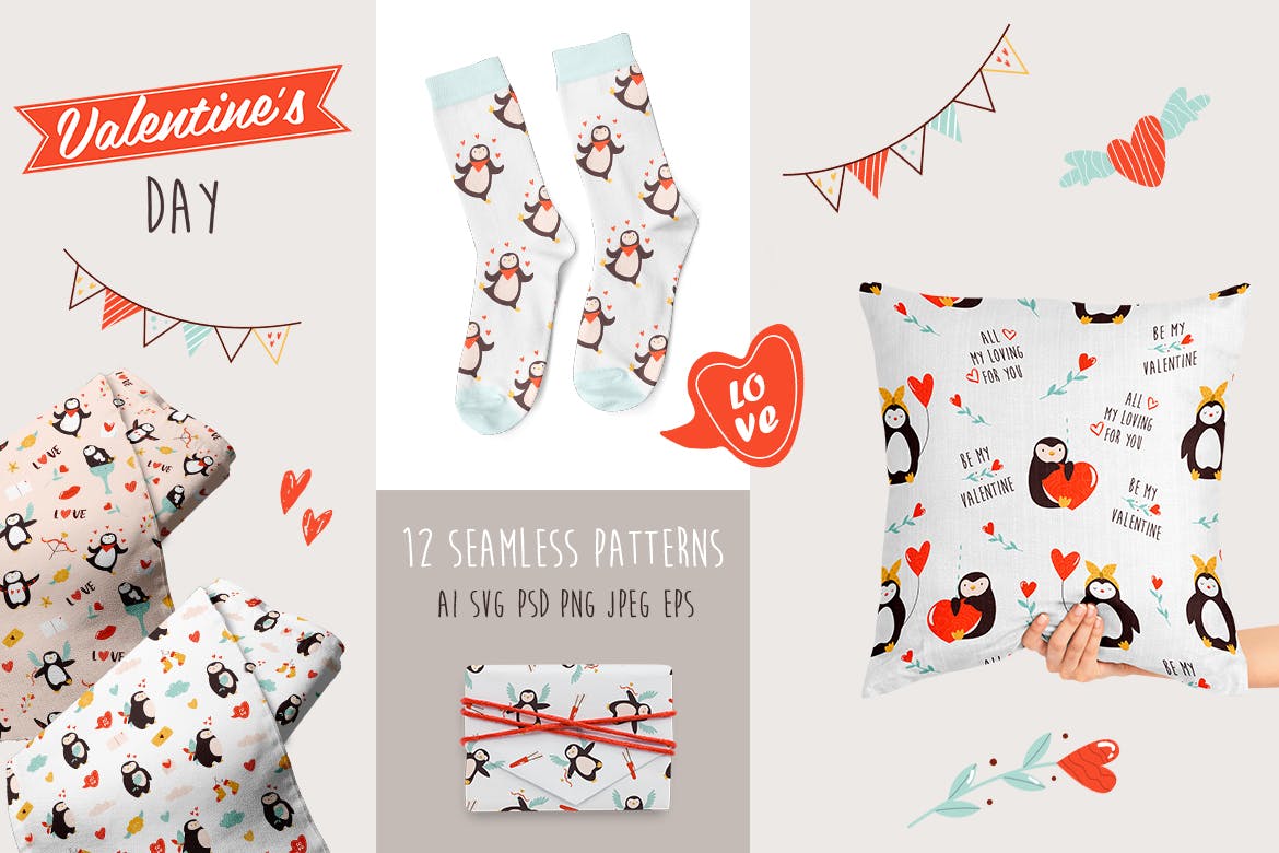 情人节主题无缝企鹅图案 Valentine’s Seamless Patterns with Penguins