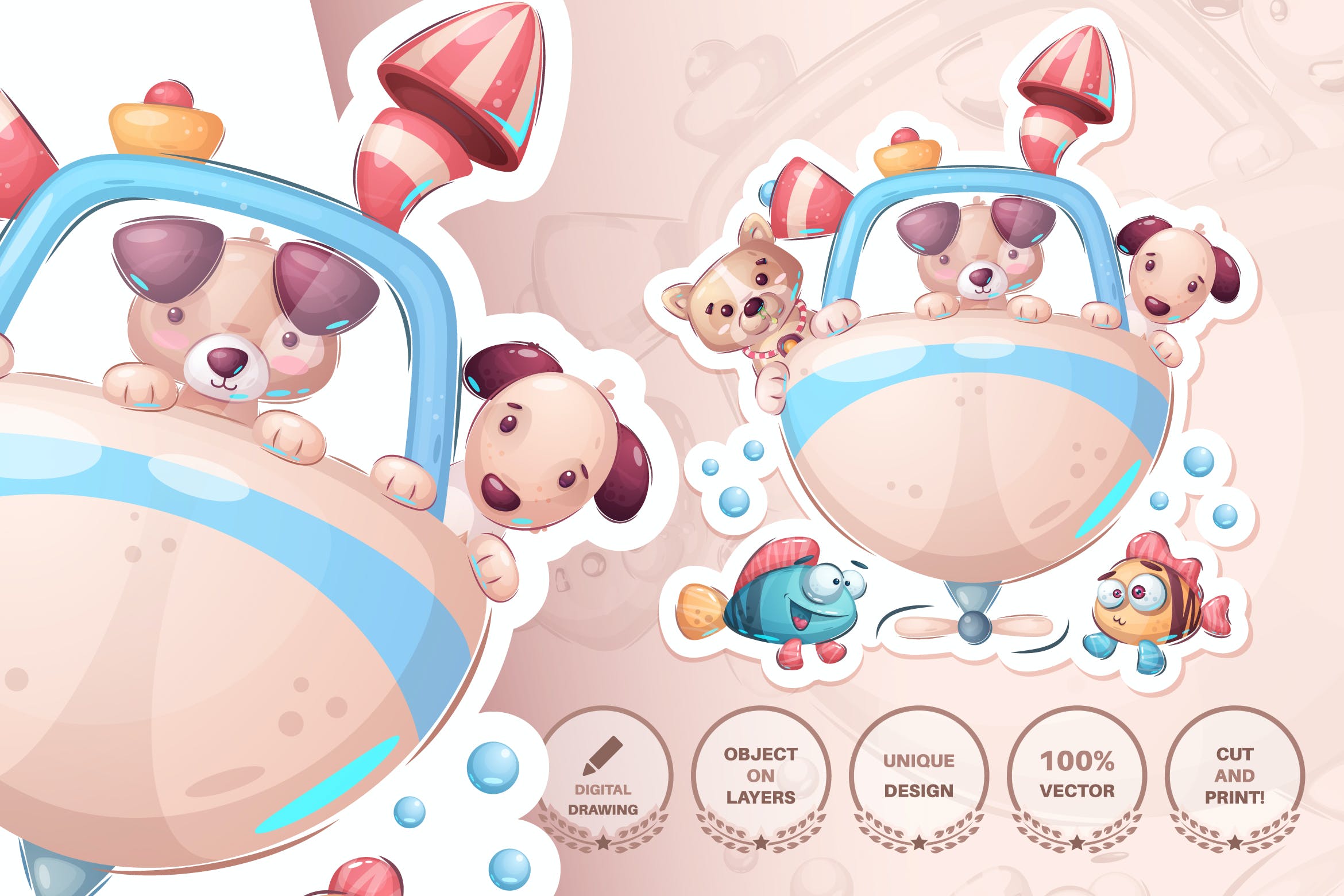 飞船旅行小狗无缝图案背景素材 Dogs travel by ship – seamless pattern