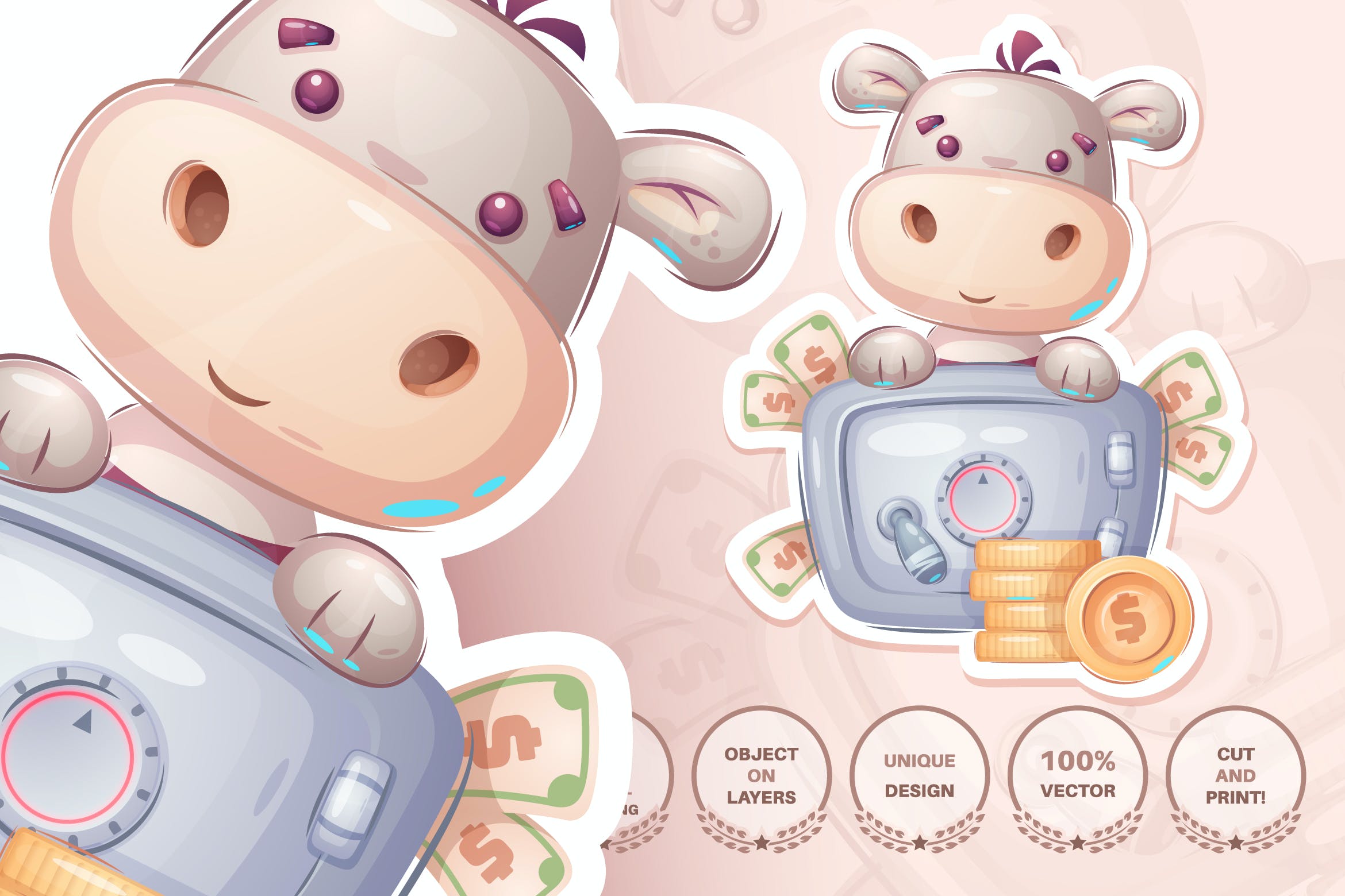 可爱河马无缝图案背景素材 Hippo with money – seamless pattern
