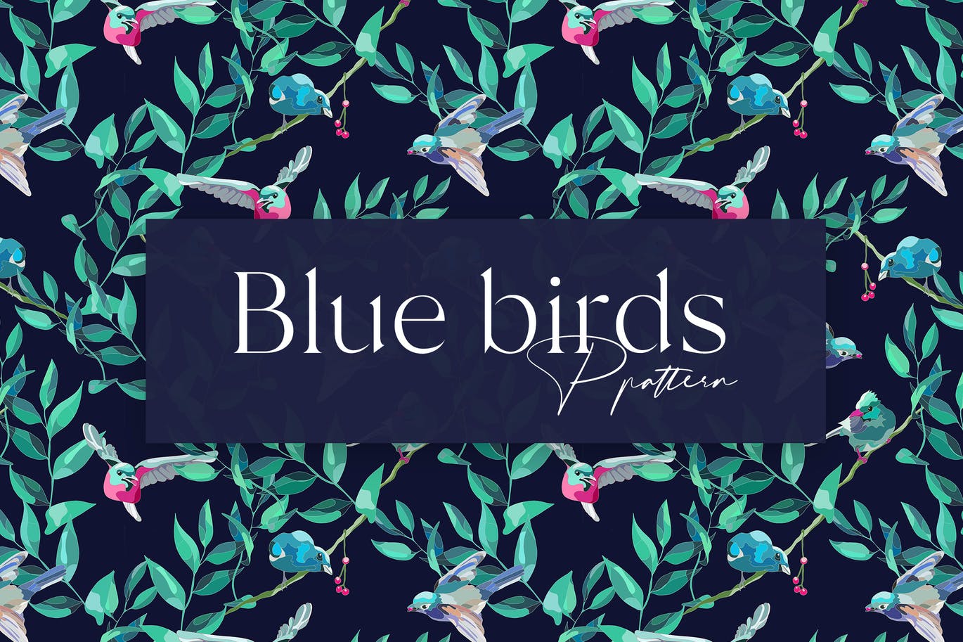 蓝鸟绿叶无缝图案设计素材 Blue Birds Seamless Pattern Design