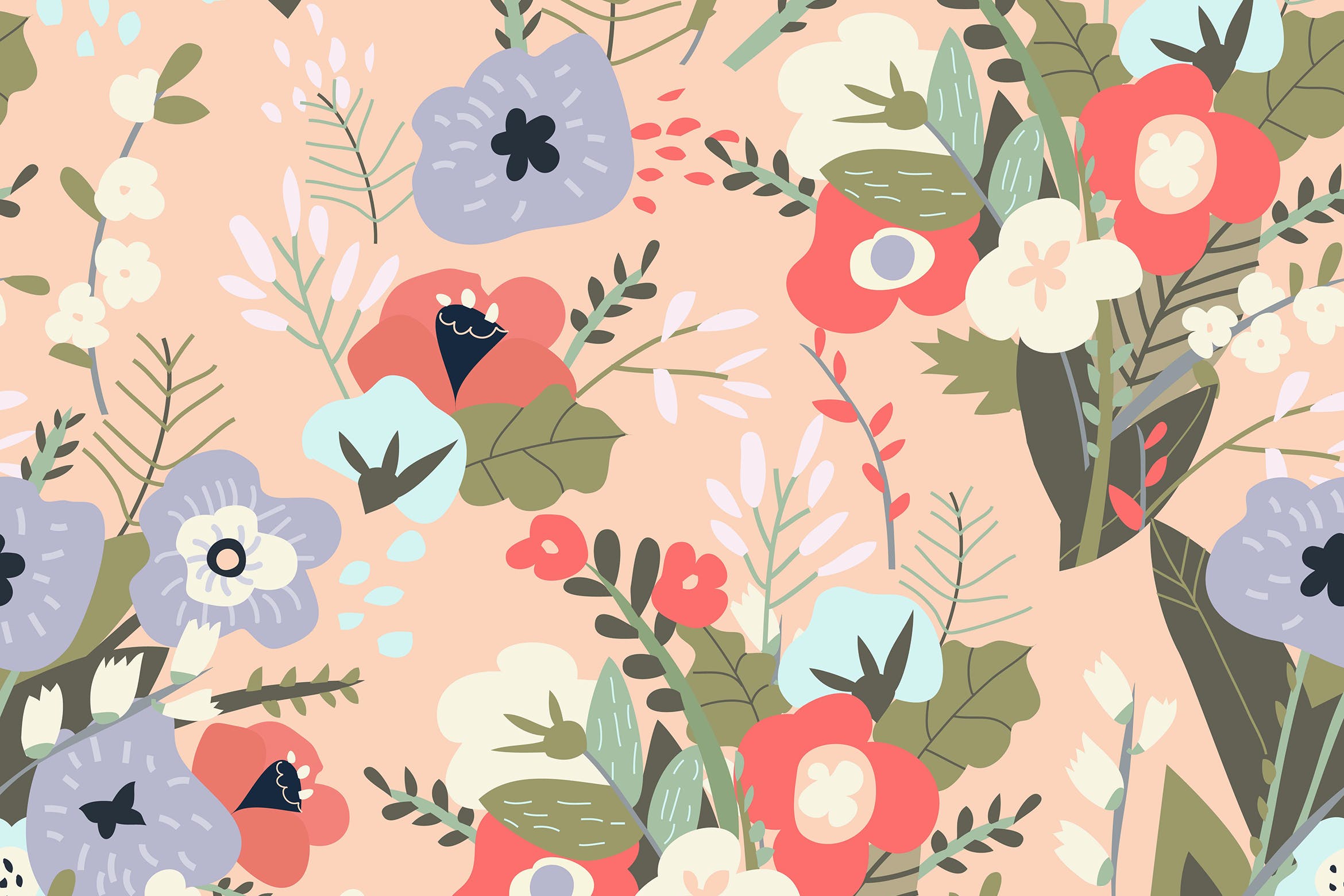 春天花卉矢量无缝图案素材 Vector seamless pattern of spring bouquets of flow