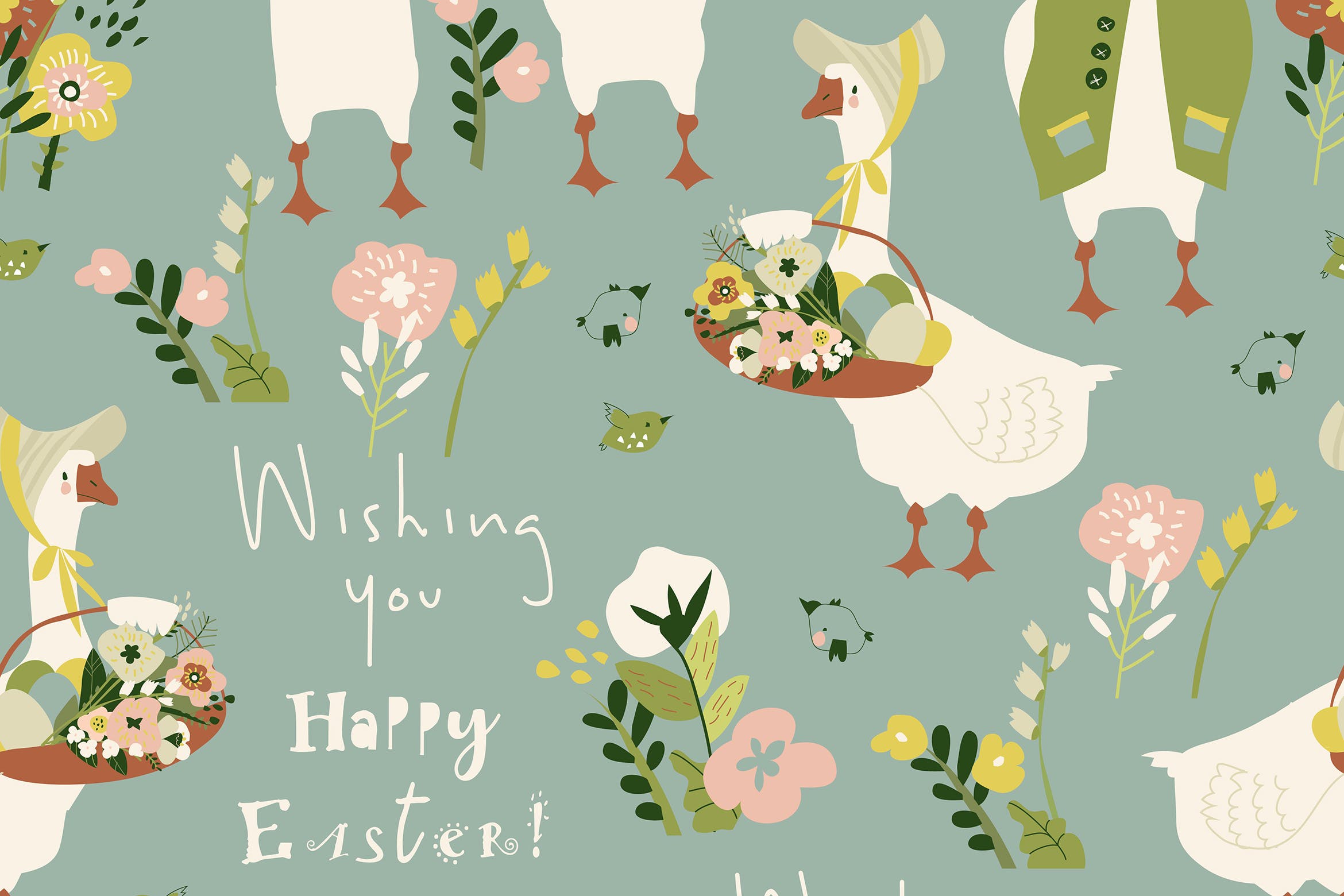 卡通鹅矢量无缝图案素材 Vector seamless pattern with cartoon gooses