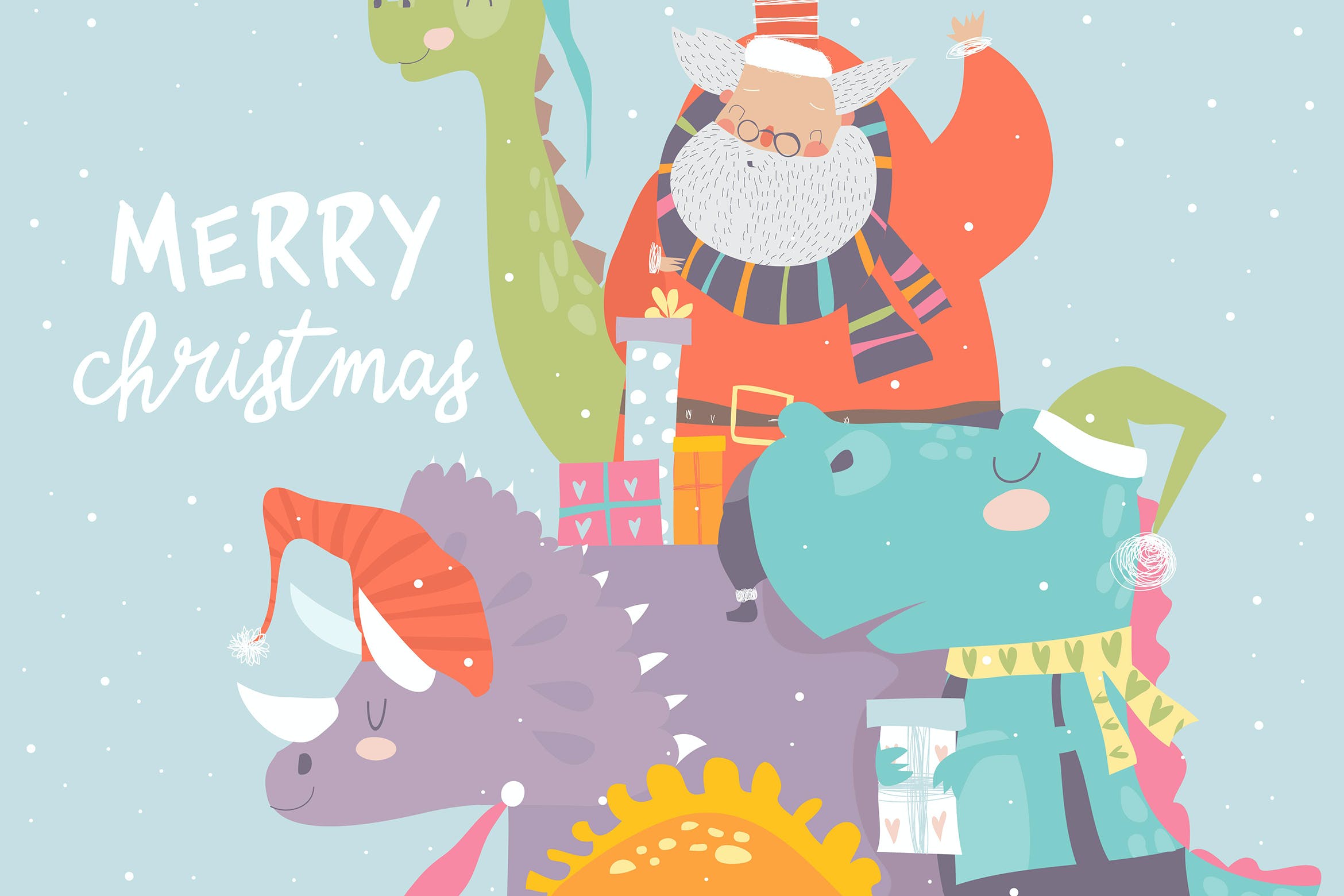 卡通恐龙&圣诞老人礼物矢量插画 Cartoon Santa Claus with gifts sitting on dinosaur