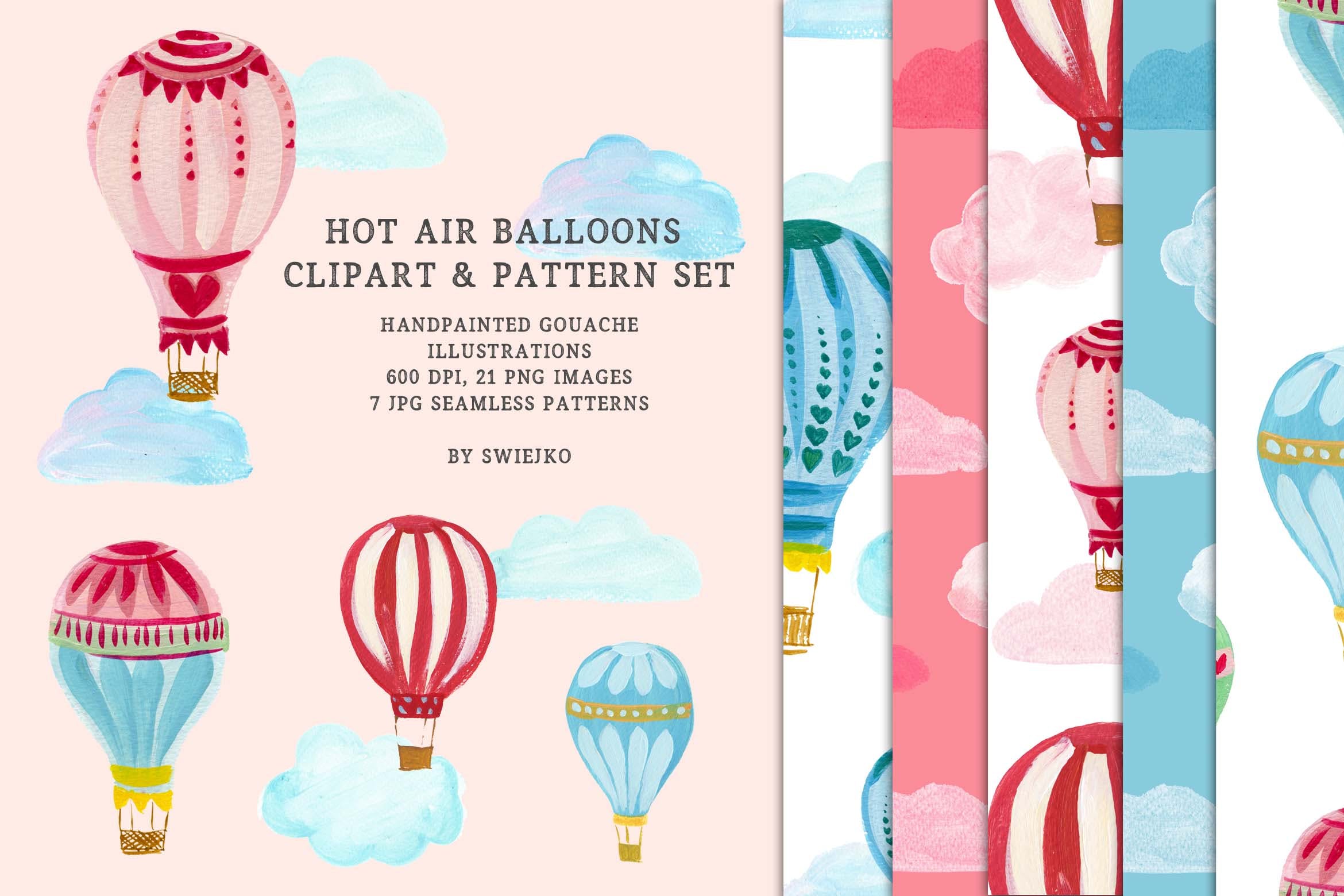 热气球剪贴画和图案集 Hot Air Balloons clipart & pattern set