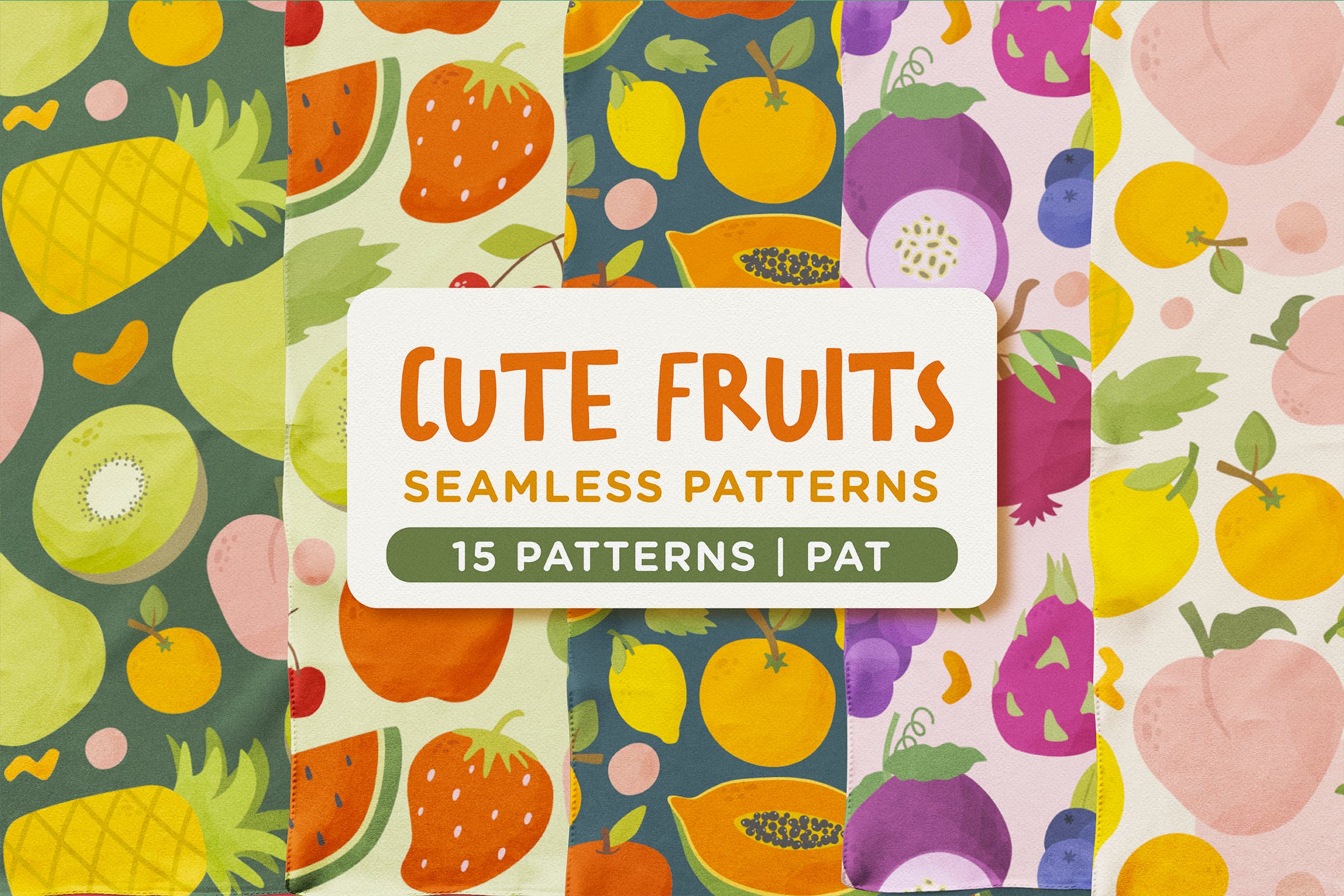 可爱的新鲜水果无缝图案 Cute Fresh Fruits Seamless Patterns