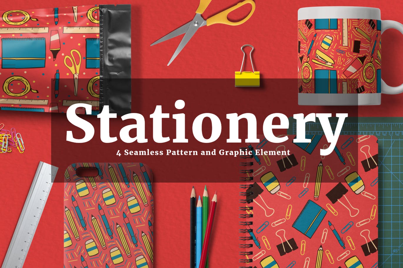 学习文具无缝图案和图形元素 Stationery Seamless Pattern and Graphic Element