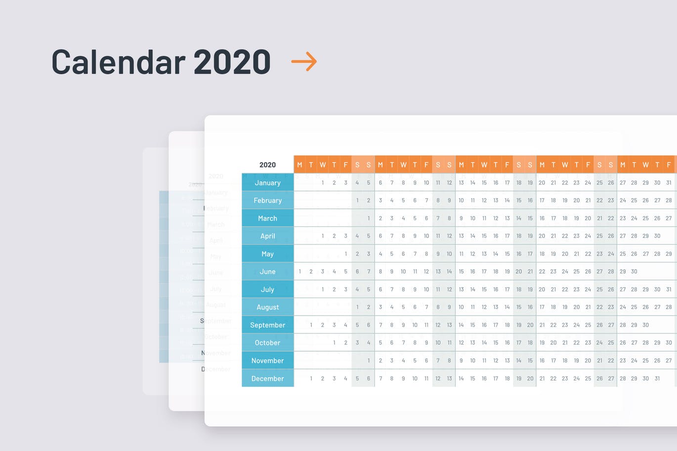 简约时尚高端2020新年日历台历日期时间表powerpoint幻灯片演示模板（pptx）