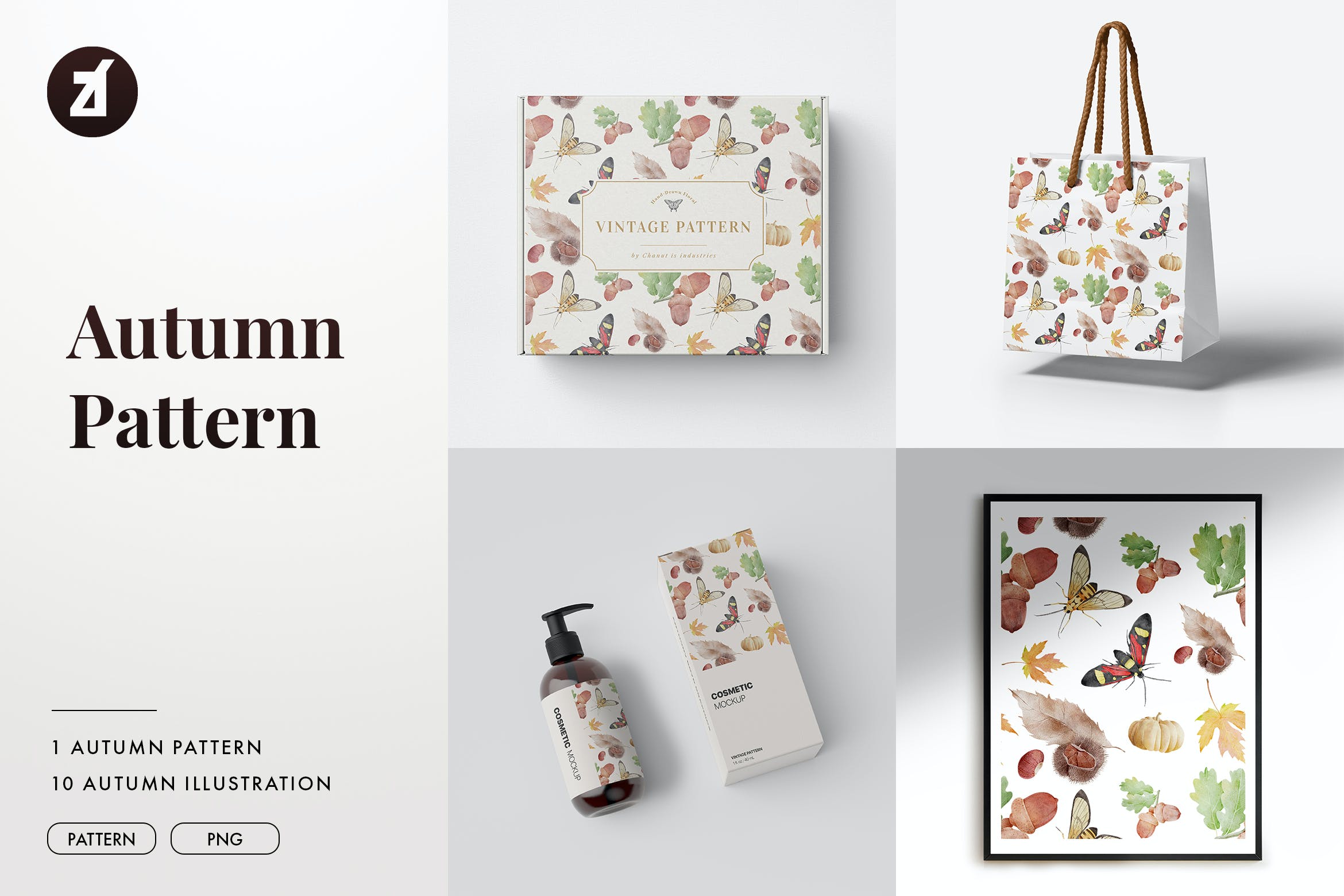 秋季水彩插画和图案素材 Autumn watercolor illustration and pattern