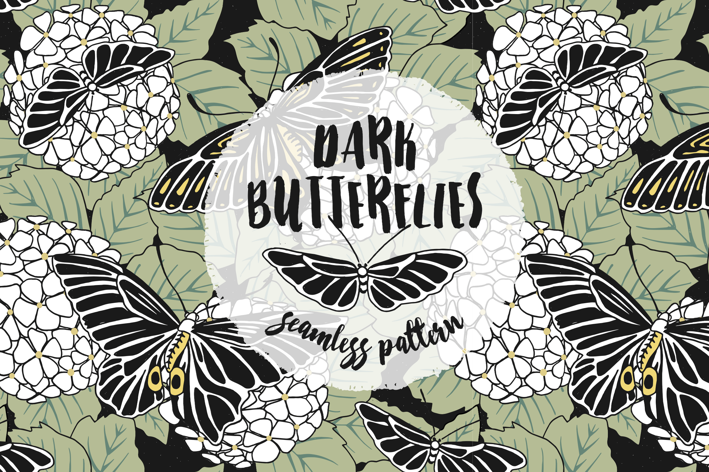 黑蝴蝶手绘无缝图案 Dark Butterflies – Hand Drawn Seamless Pattern