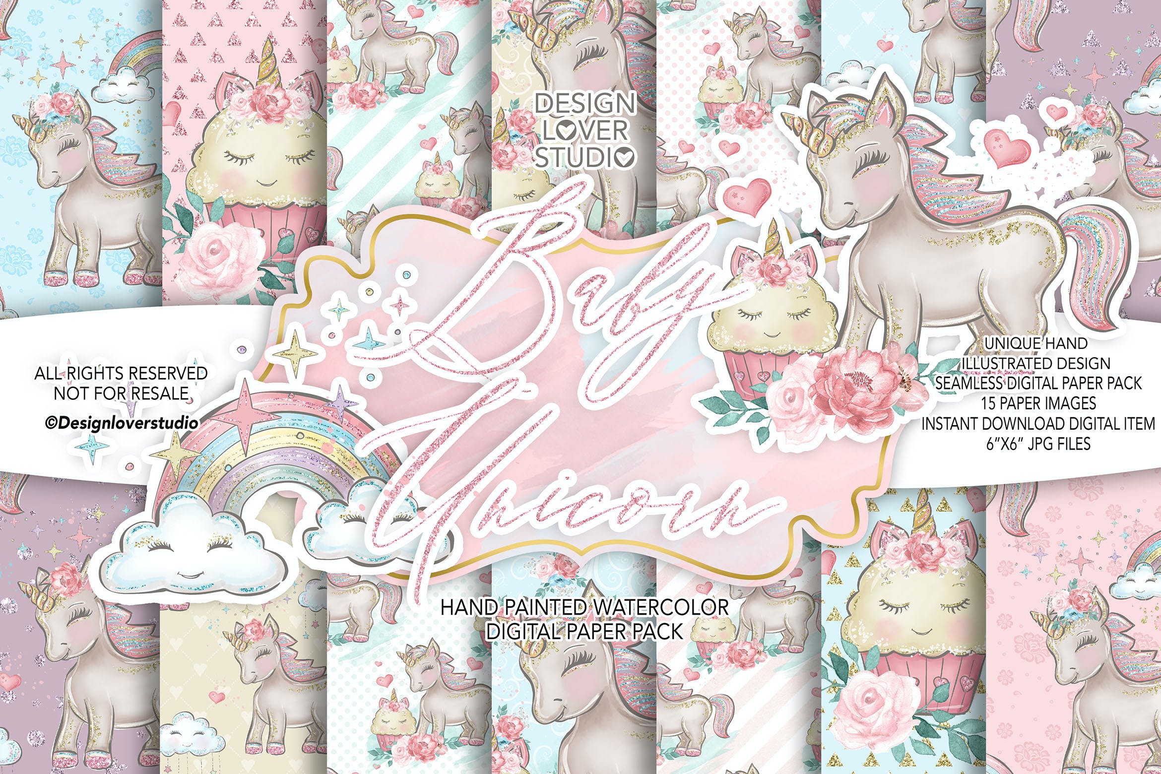独角兽宝宝数码图案剪贴画背景素材 Baby Unicorn digital paper pack