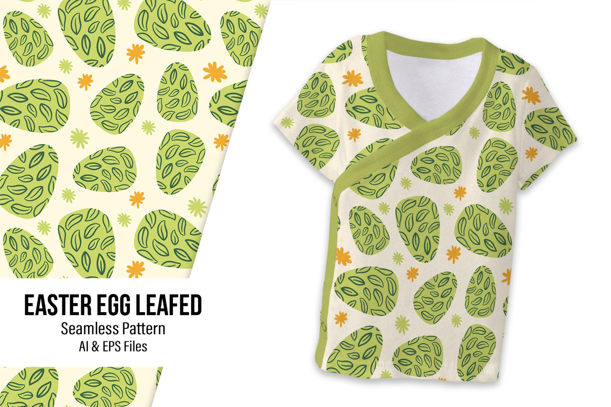 绿色叶子复活节彩蛋无缝图案素材 Easter Egg with Flower – Seamless Pattern