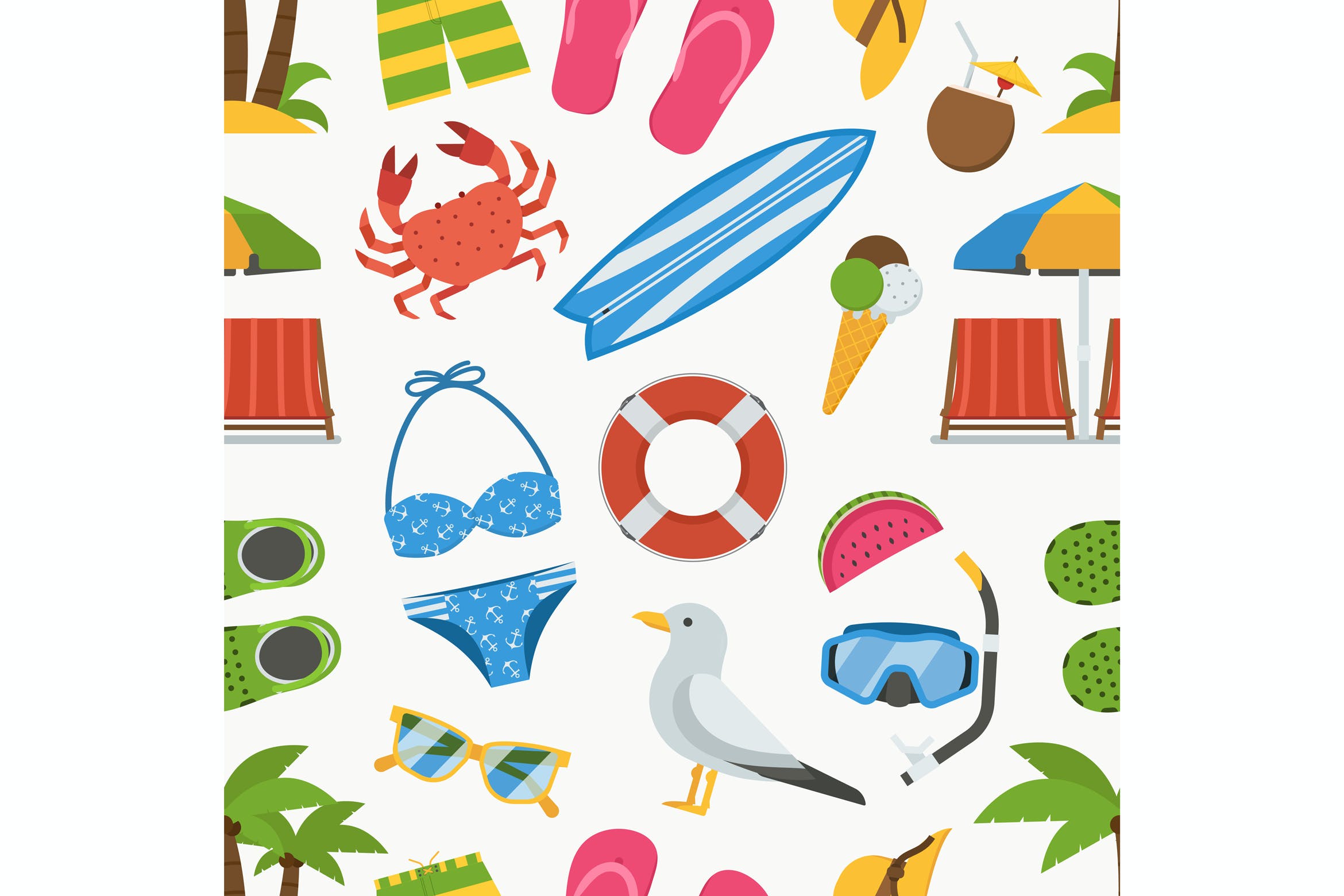 夏季暑假海滩元素无缝图案&图标素材 Summer Vacation Seamless Pattern