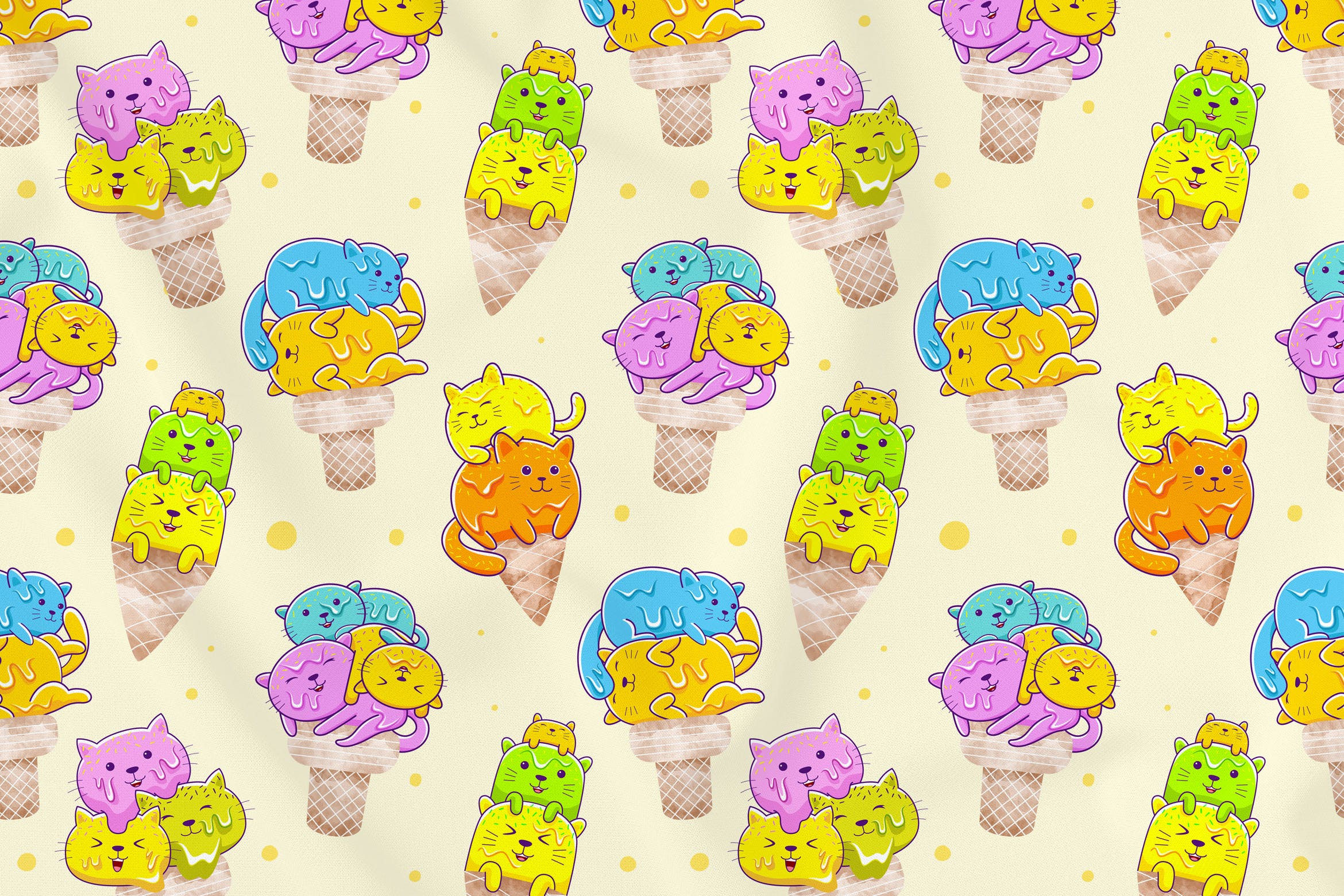猫咪冰淇淋元素无缝图案背景素材v1 Cats Ice Cream Seamless Pattern Vol. 1