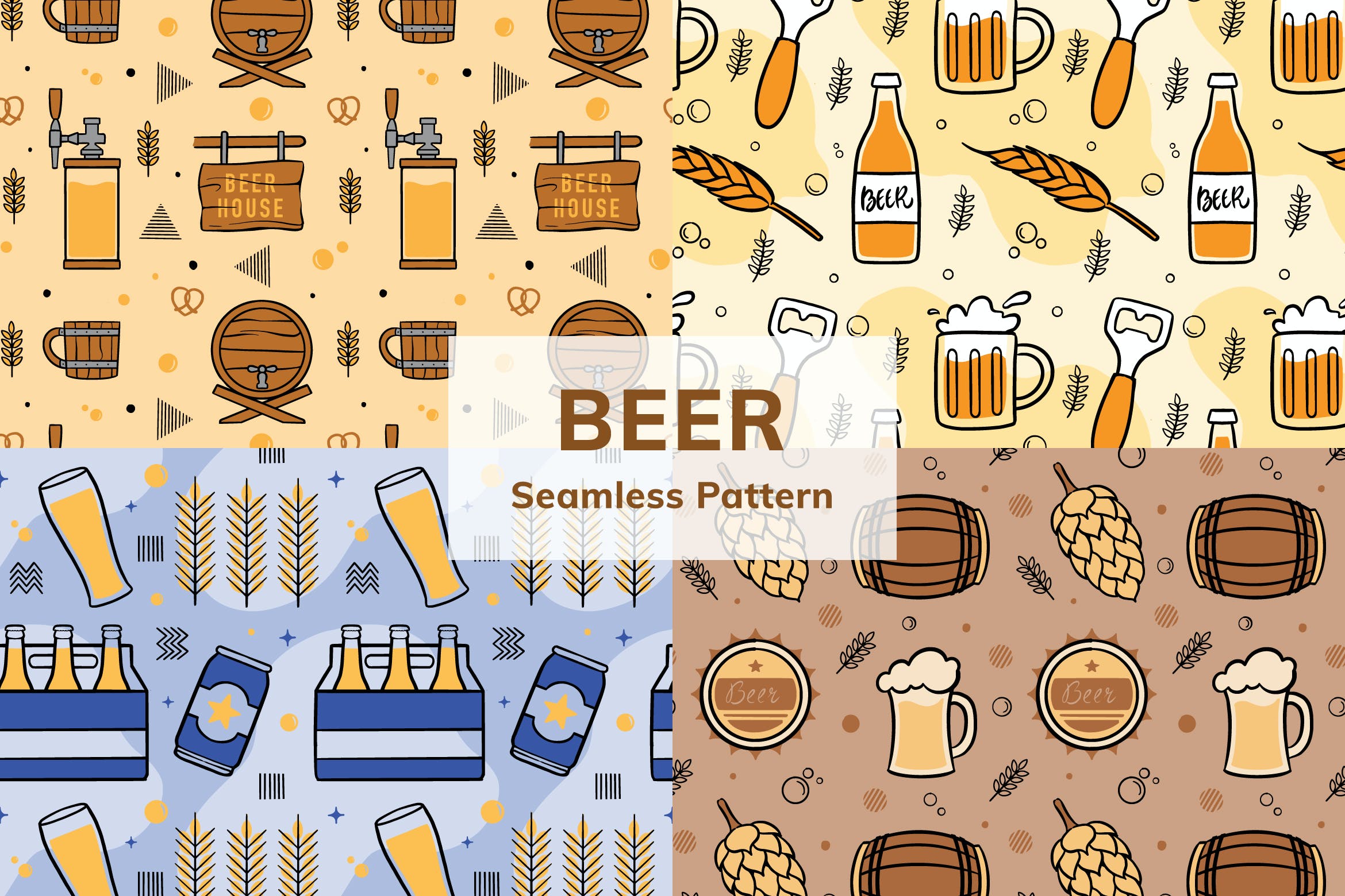 啤酒元素无缝图案背景素材 Beer Seamless Pattern