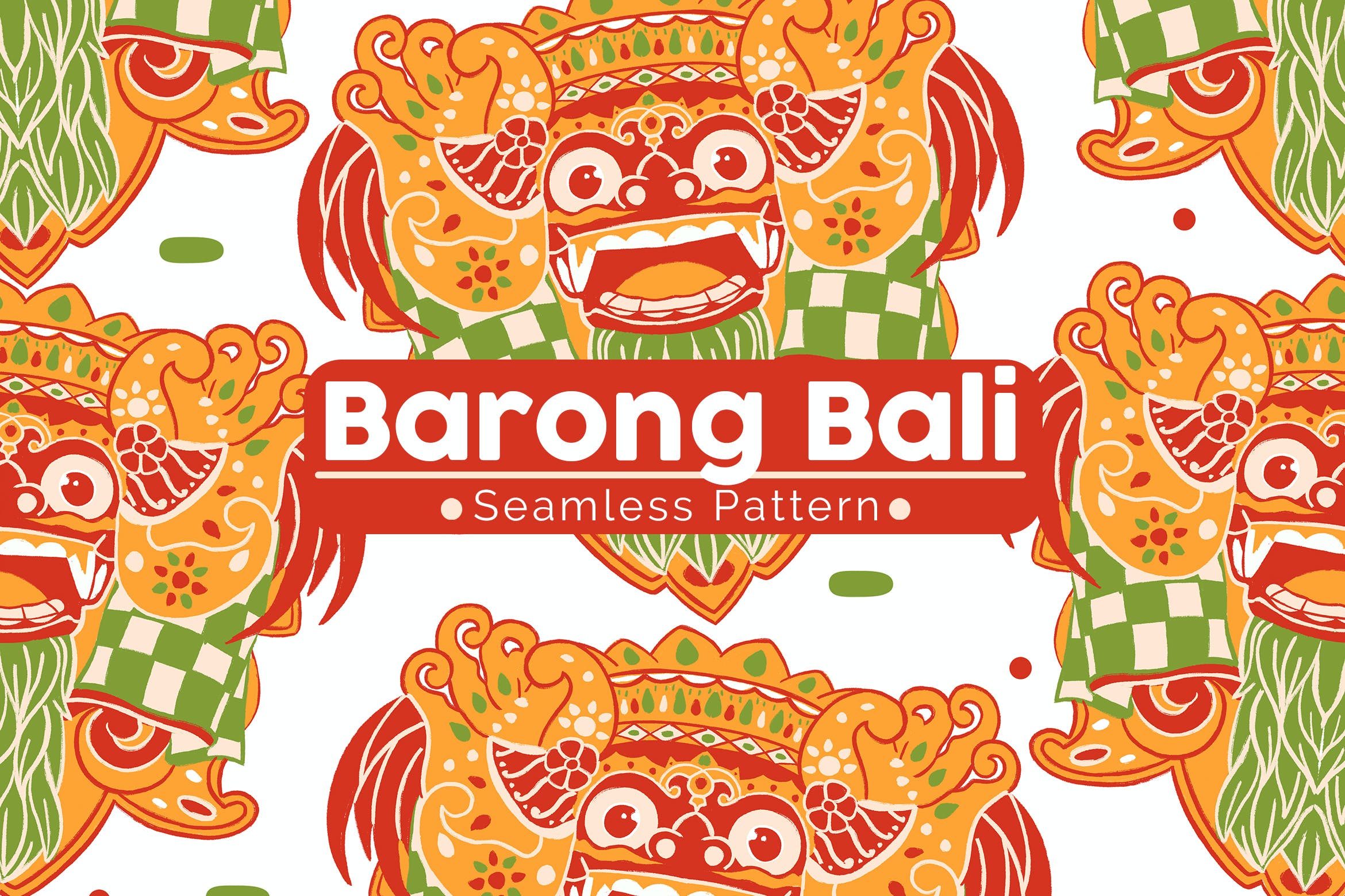 巴龙面具元素无缝图案背景素材 Barong Bali Seamless Pattern