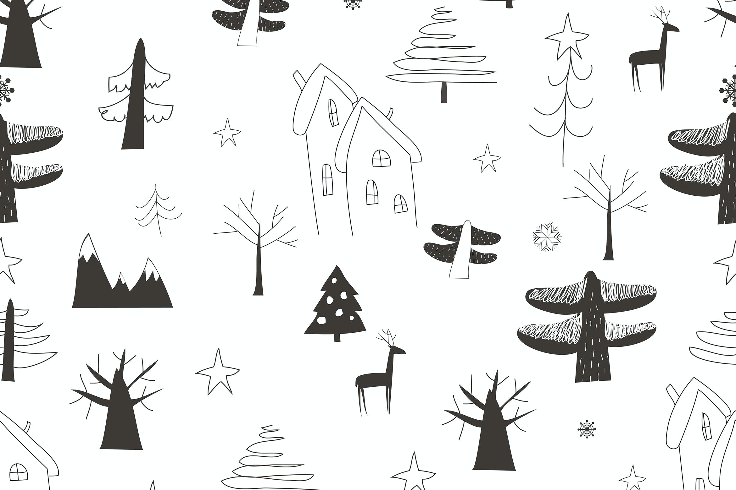 森林村庄元素矢量无缝图案背景素材 Vector seamless pattern with village in the forest