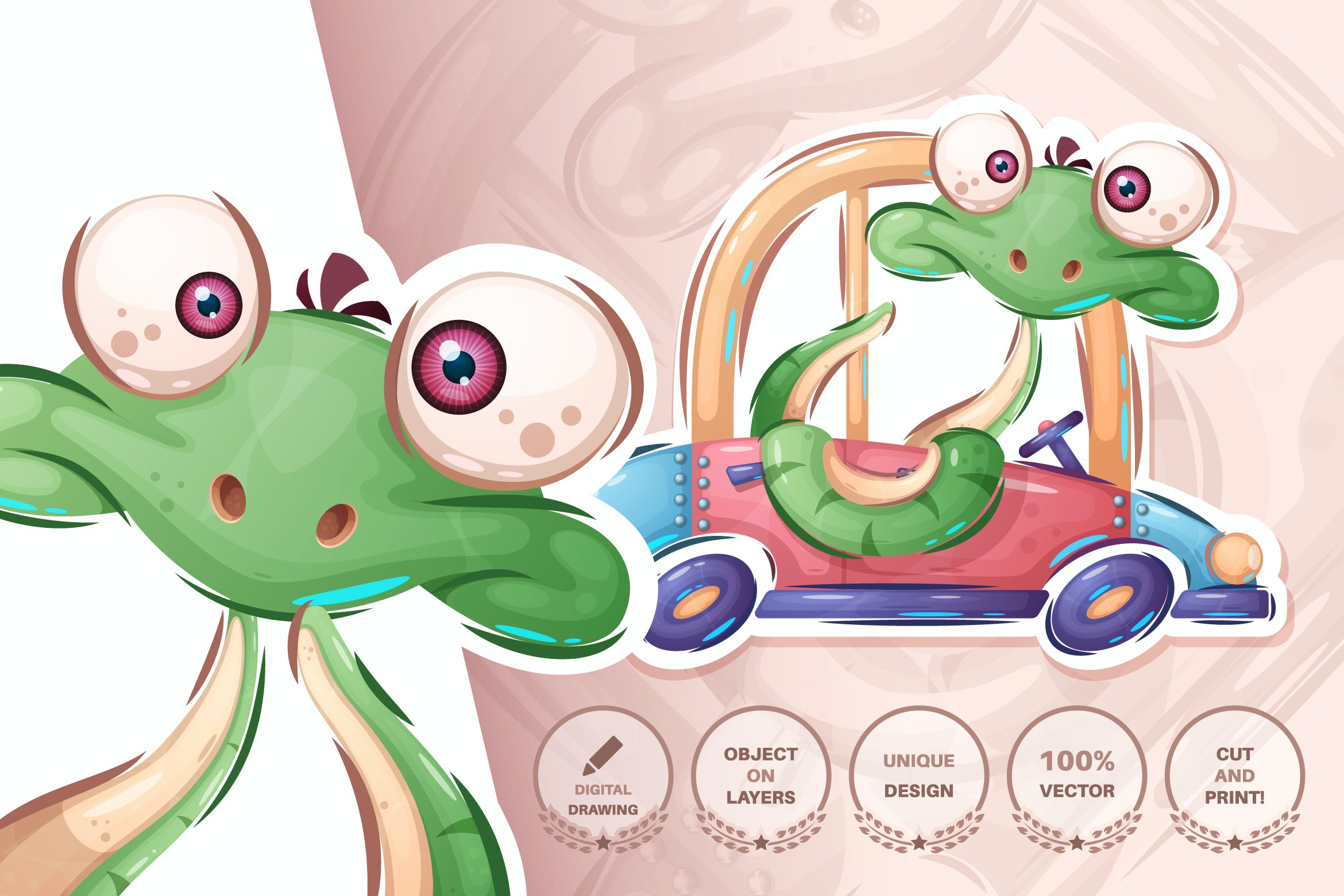 汽车青蛇动物无缝图案背景素材 Snake drives the car – seamless pattern