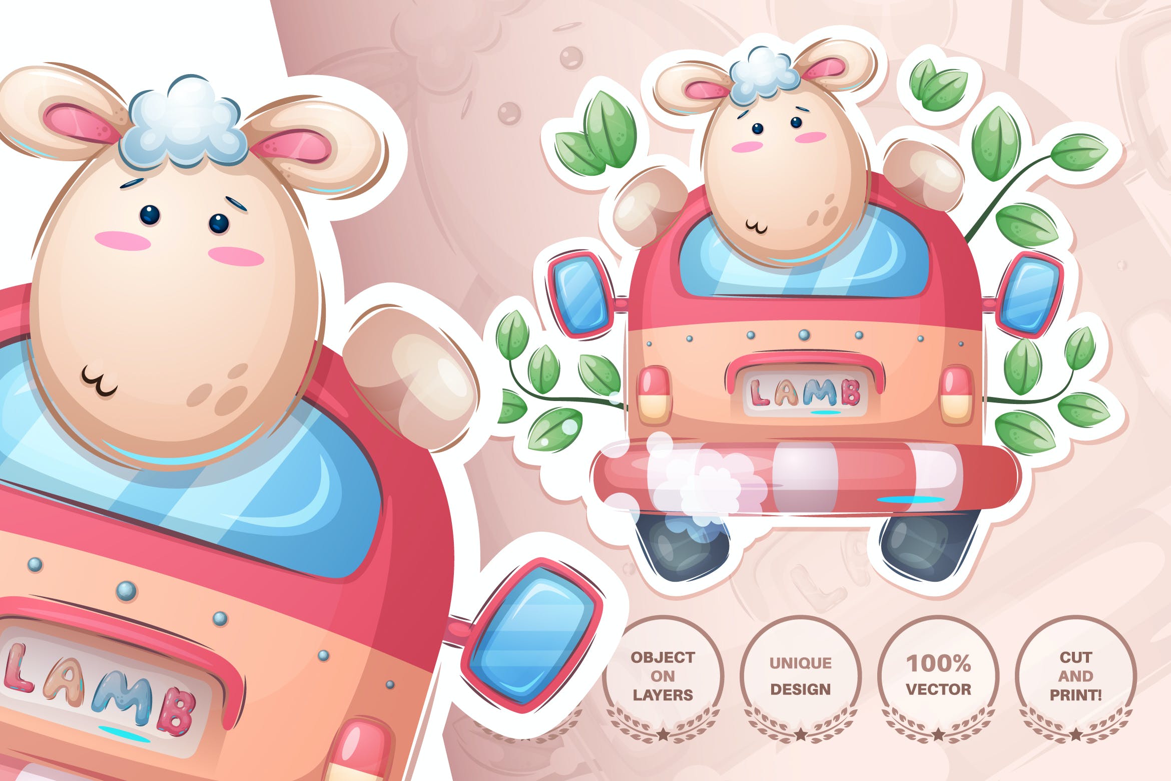 汽车小羊动物无缝图案背景素材 Sheep rides a car – seamless pattern
