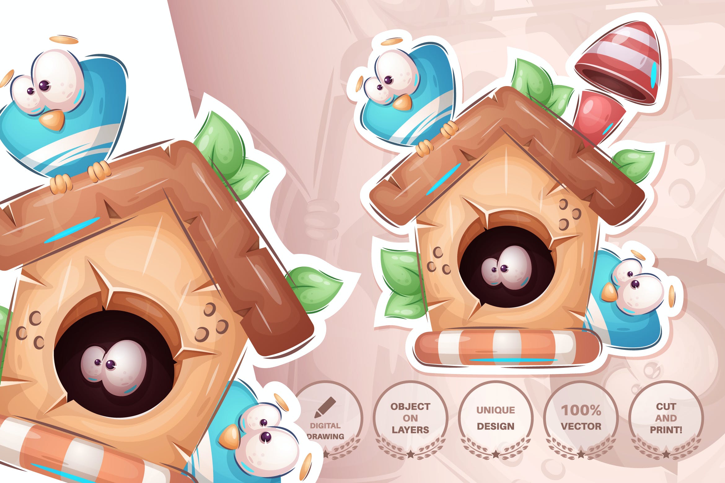 鸟屋元素无缝图案背景素材 Bird in the birdhouse – seamless pattern