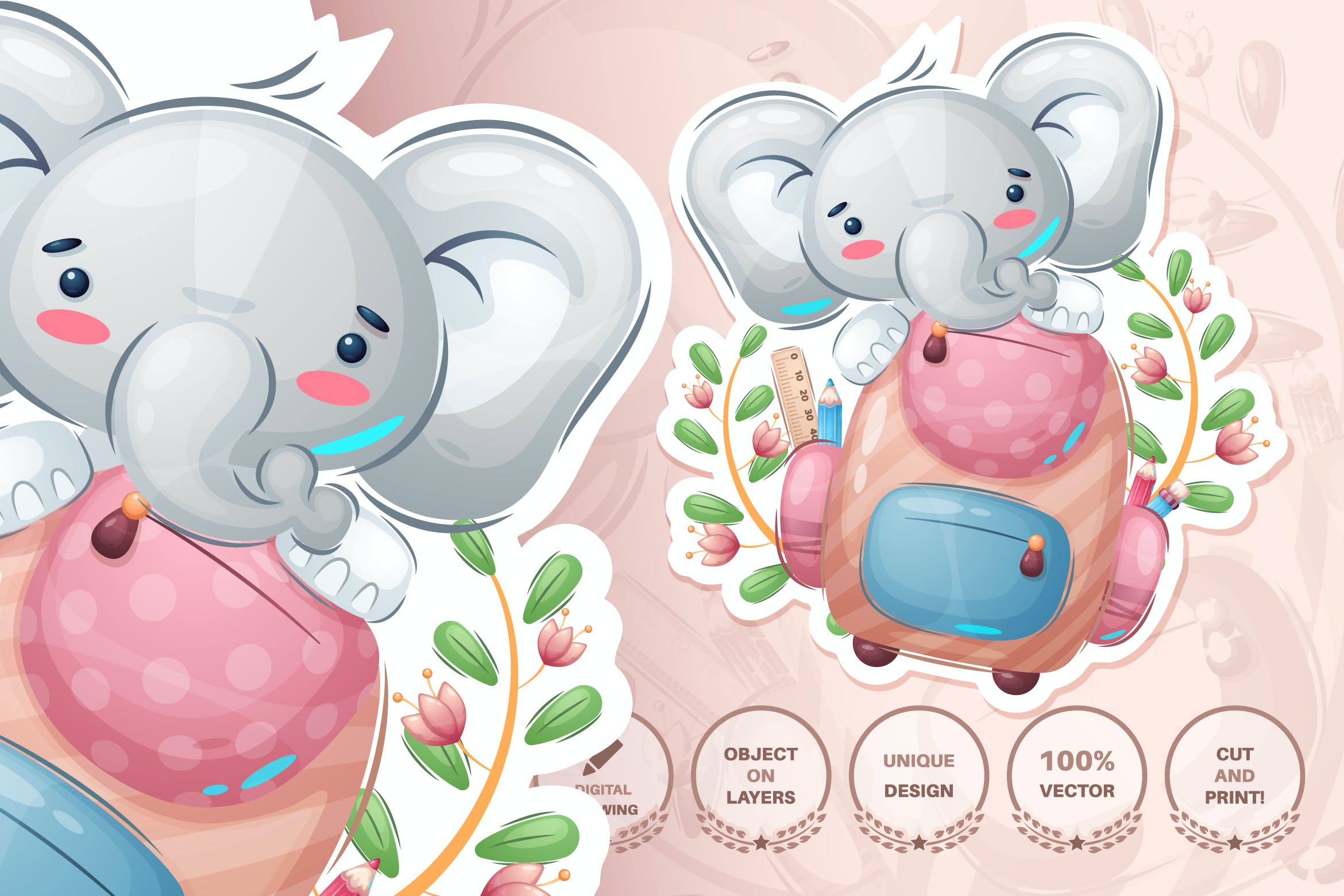 开学季大象动物无缝图案背景素材 Elephant in the school – seamless pattern