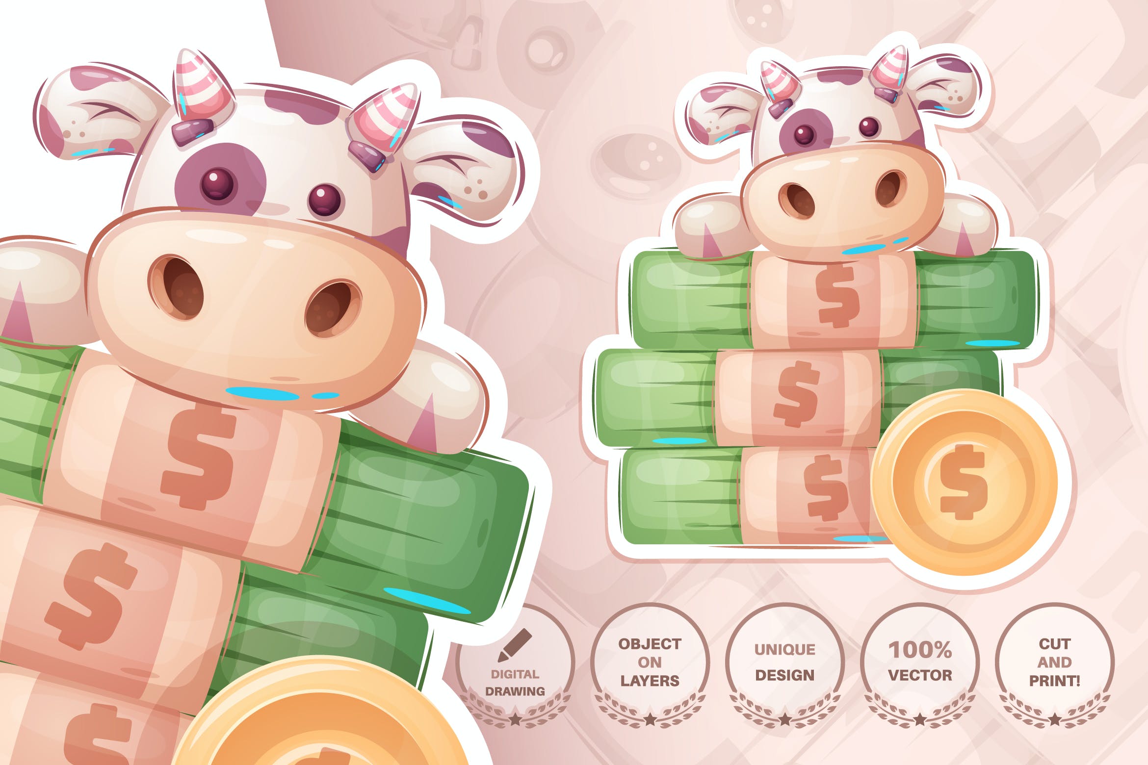 金钱小牛动物无缝图案背景素材 Cow with money – seamless pattern