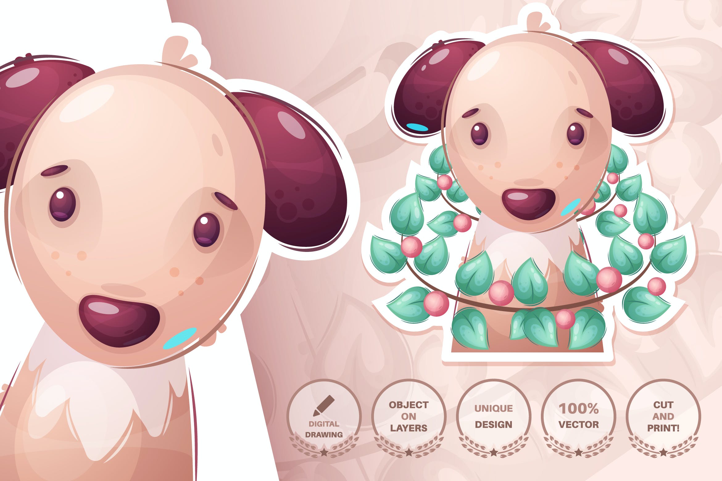 花环小狗动物无缝图案背景素材 Dog in forest – seamless pattern