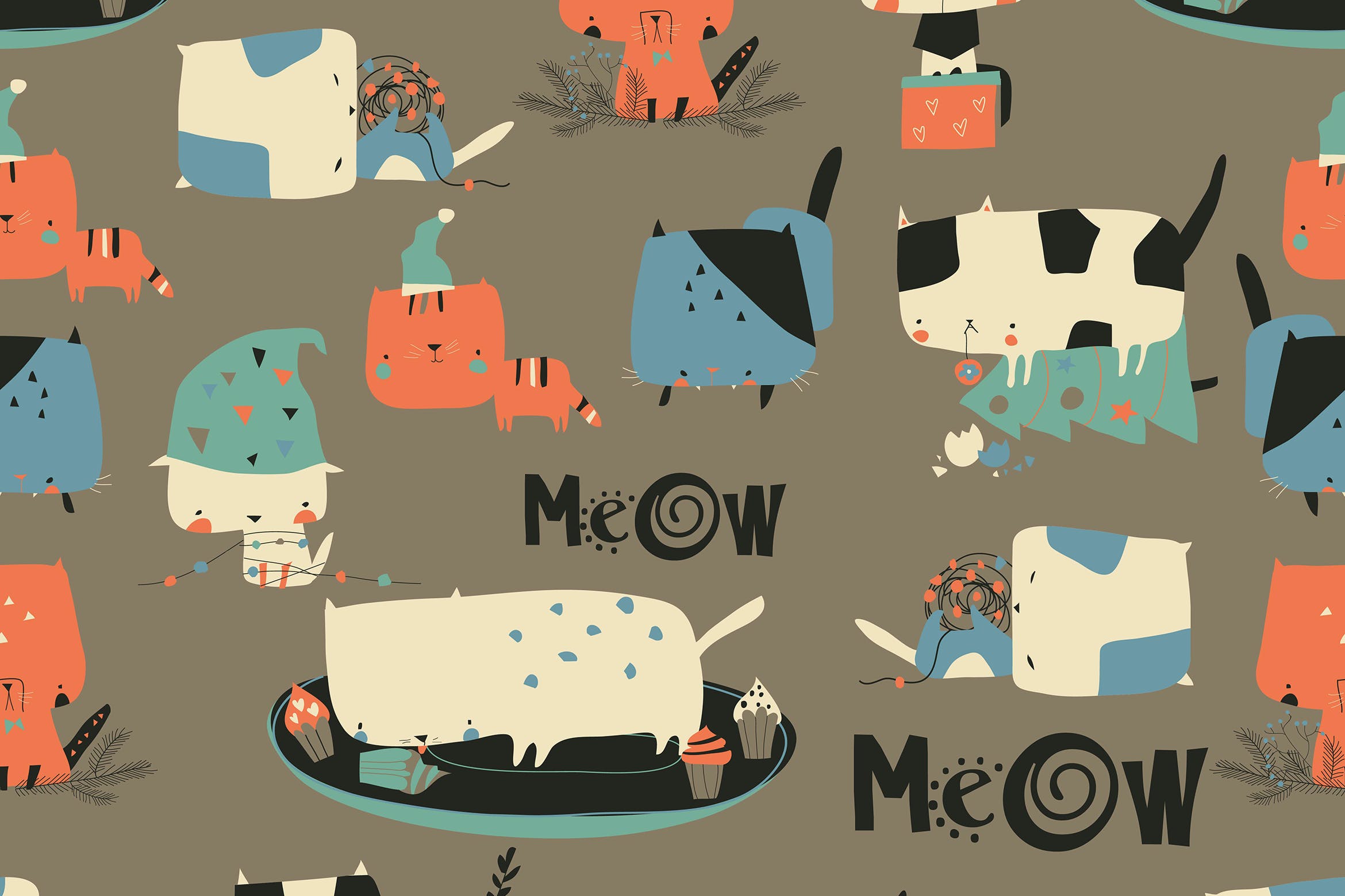可爱疯狂猫咪矢量无缝图案背景素材 Vector seamless pattern with cute crazy cats