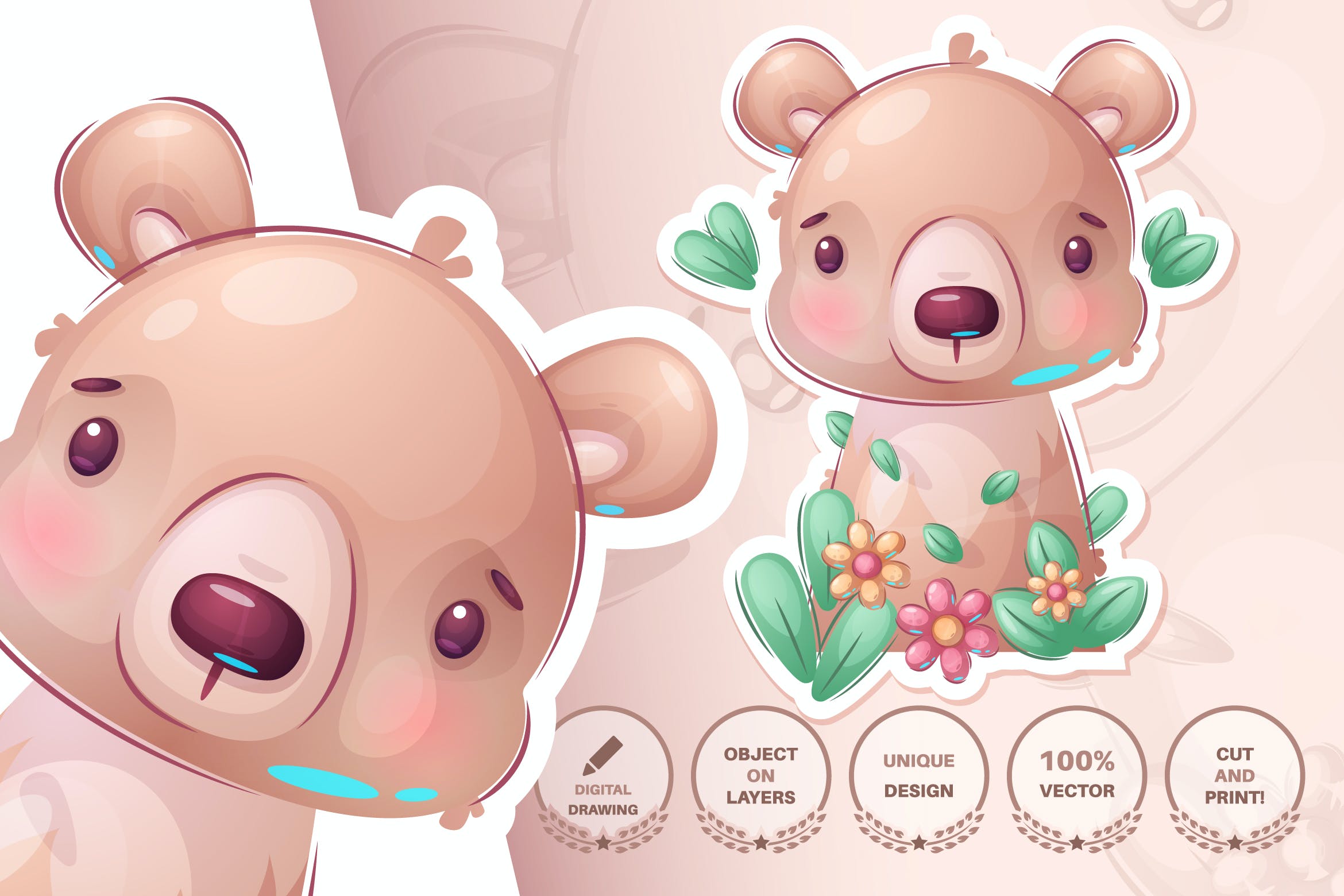 花卉小熊动物无缝图案背景素材 Bear in flower – seamless pattern