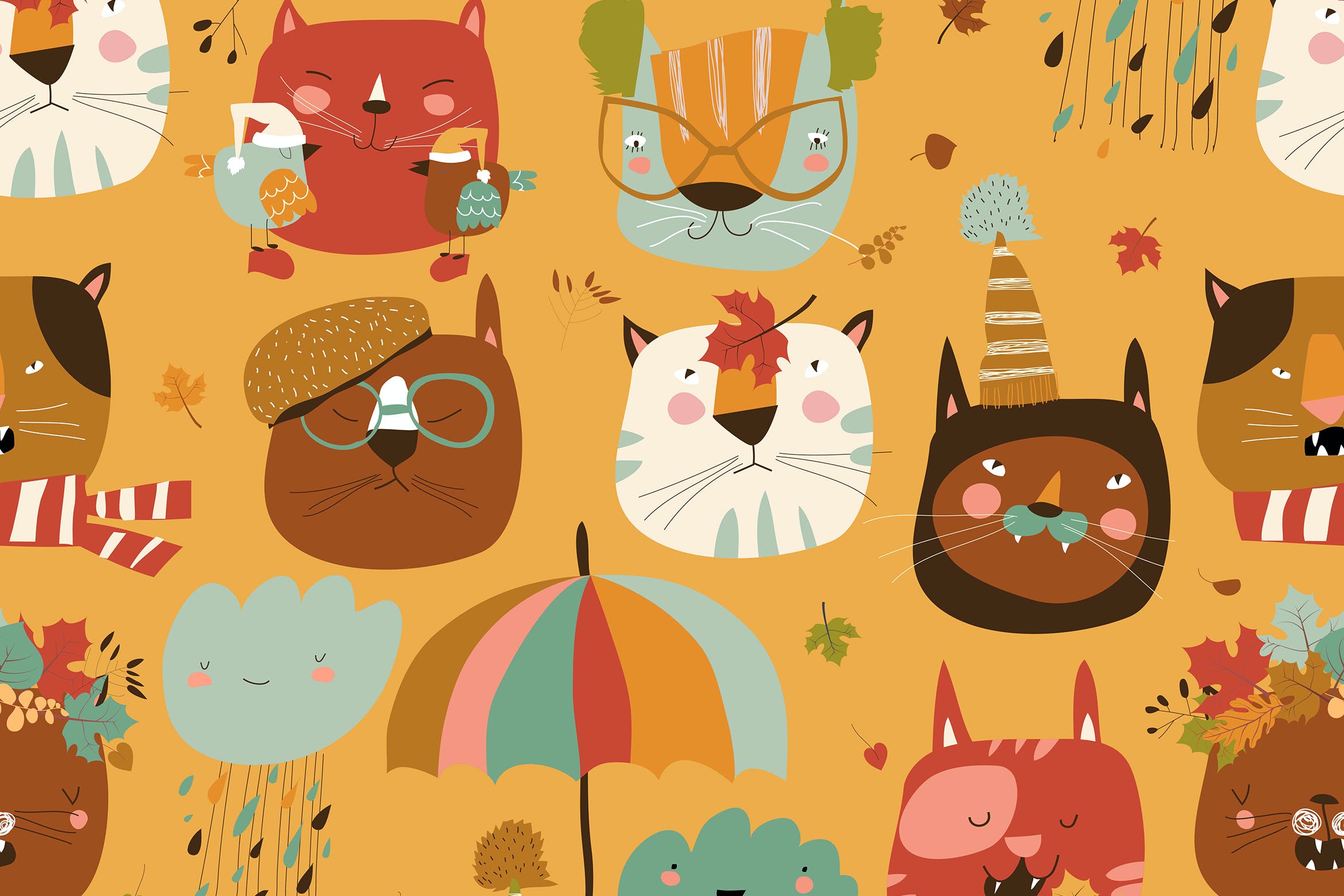 可爱猫咪秋天元素矢量无缝图案背景素材 Vector seamless pattern with muzzles cats and autu