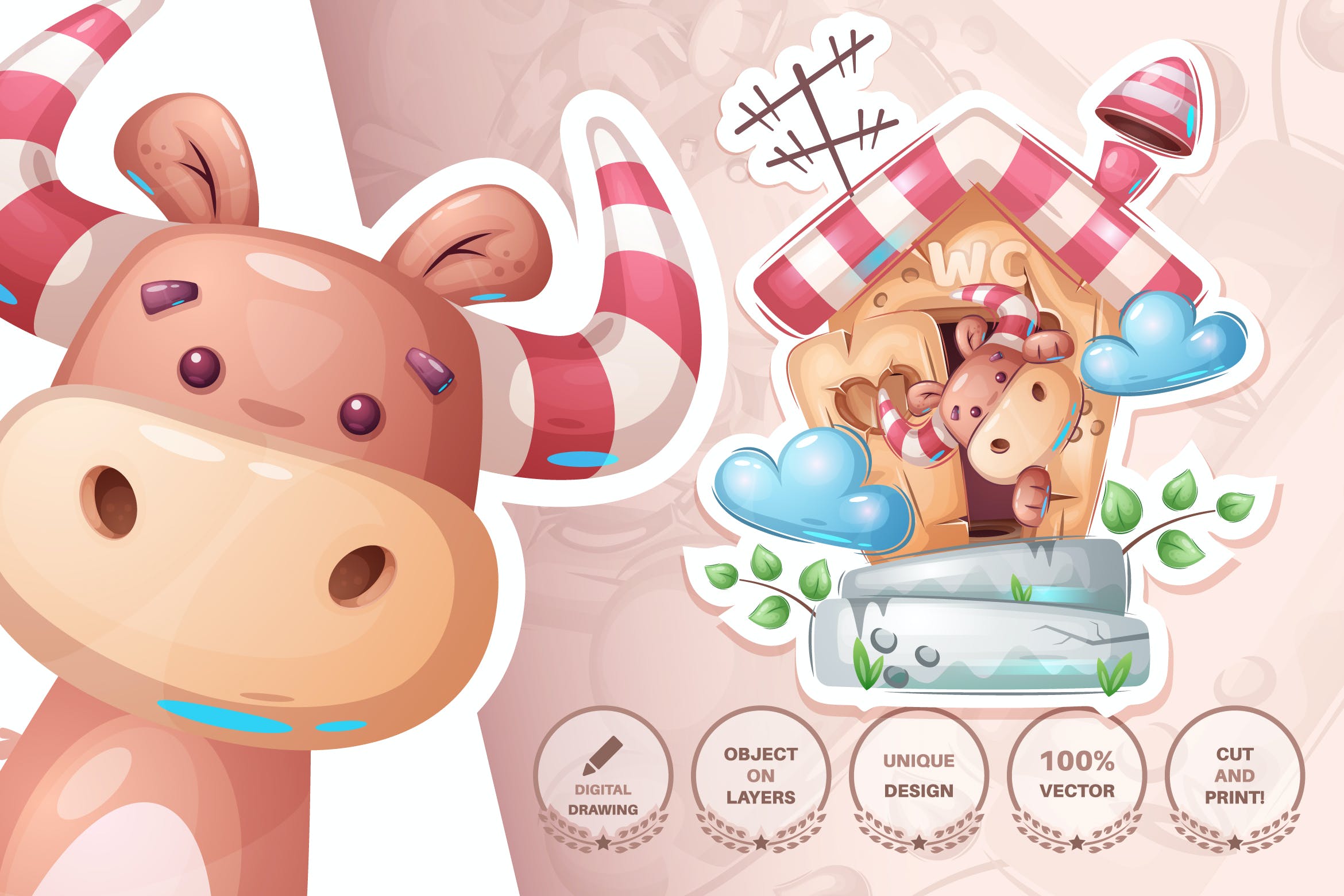 可爱厕所小牛动物无缝图案背景素材 Bull in the toilet – seamless pattern