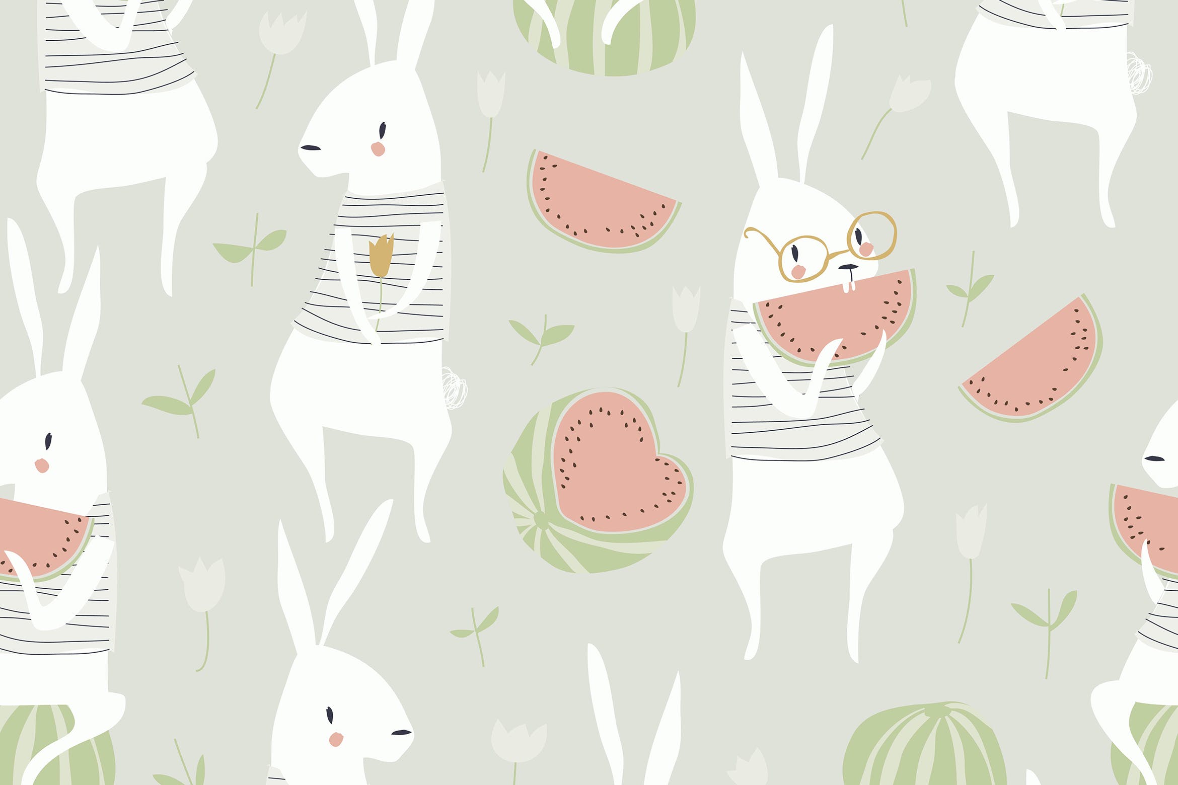 可爱兔子西瓜元素矢量无缝图案背景素材 Vector seamless pattern with cute rabbits and wate
