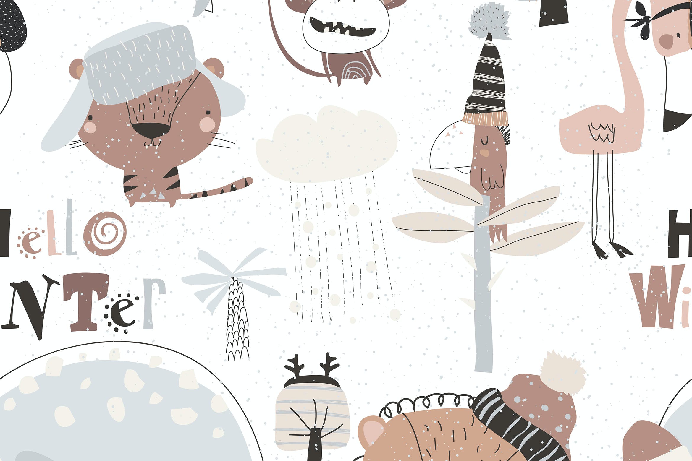 卡通野生动物矢量无缝图案背景素材 Vector seamless pattern with cartoon wild animals