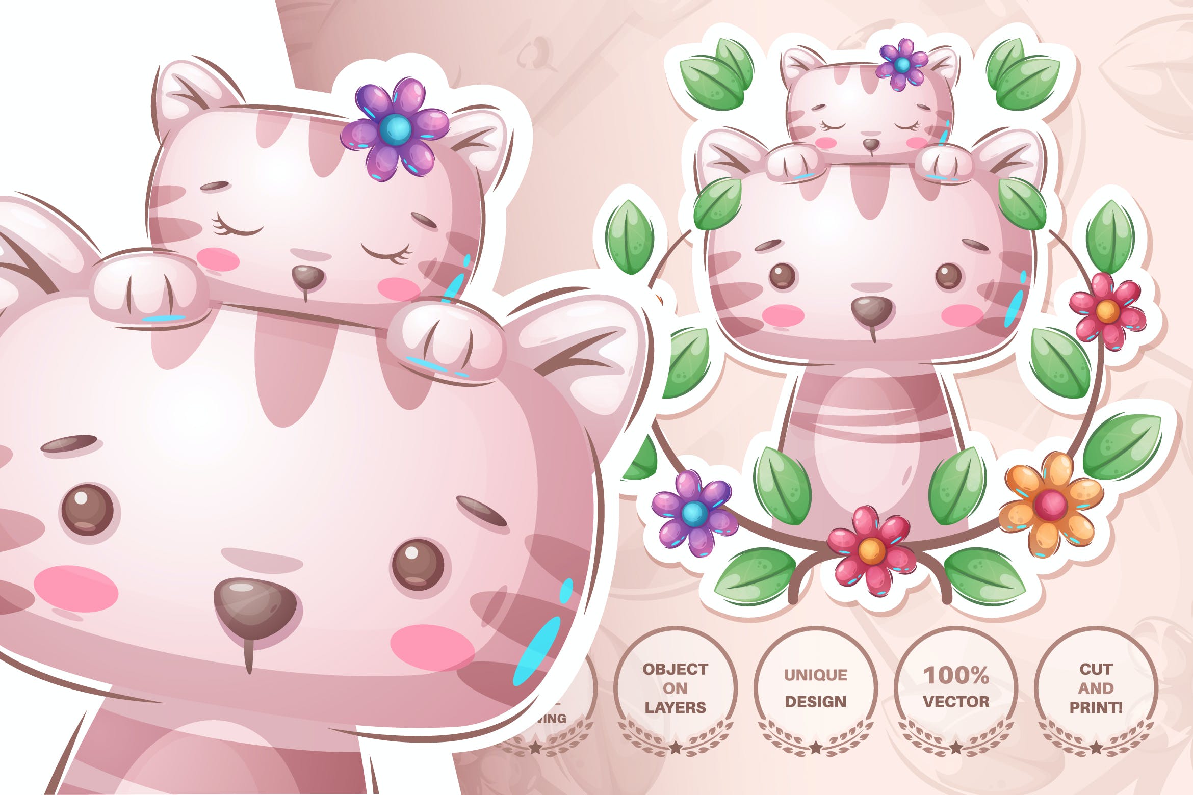 卡通猫咪动物无缝图案背景素材 Cartoon cat family – seamless pattern