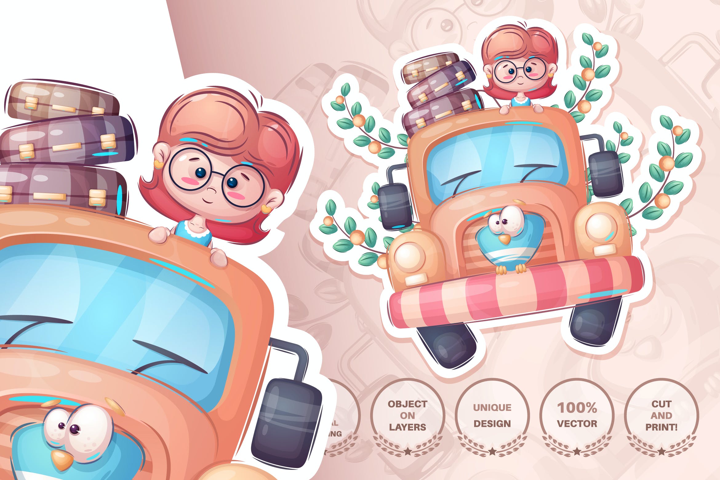 卡通汽车旅行无缝图案背景素材 Girl travel – seamless pattern