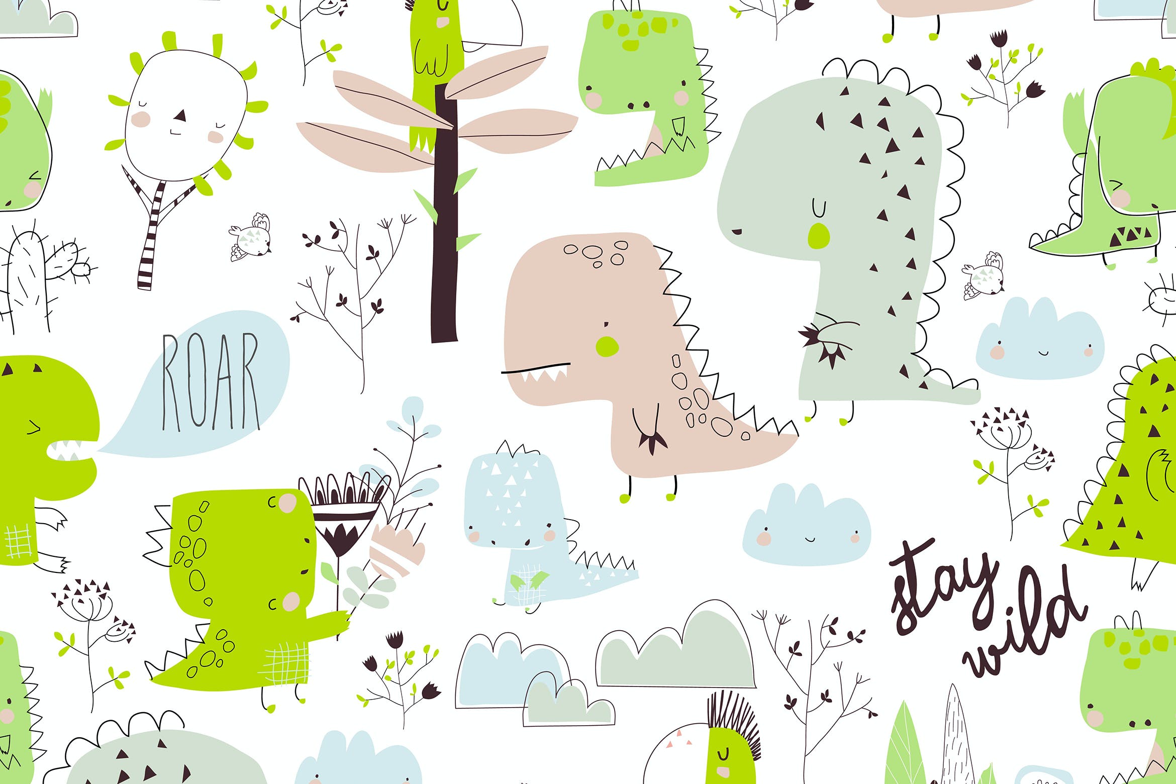 卡通恐龙矢量无缝图案背景素材 Vector seamless pattern with cartoon dinosaurs