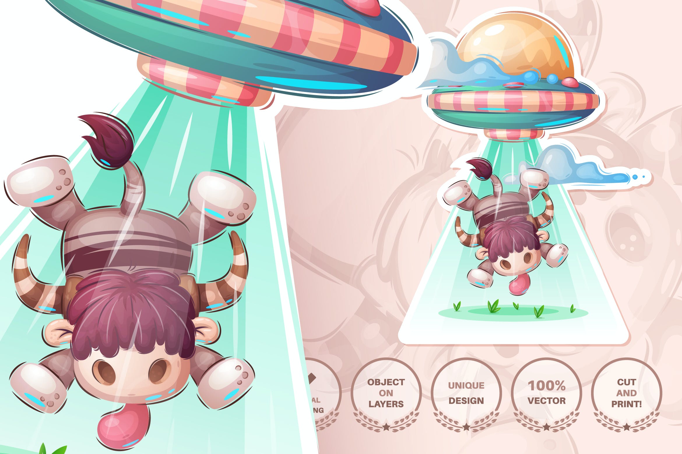卡通UFO&小牛动物无缝图案背景素材 Ufo kidnaps a bull – seamless pattern