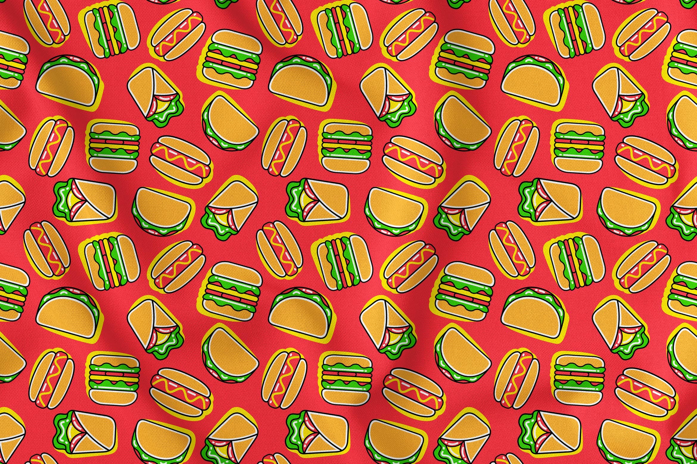 西式快餐食品元素无缝图案背景素材v2 Fast Food Seamless Pattern