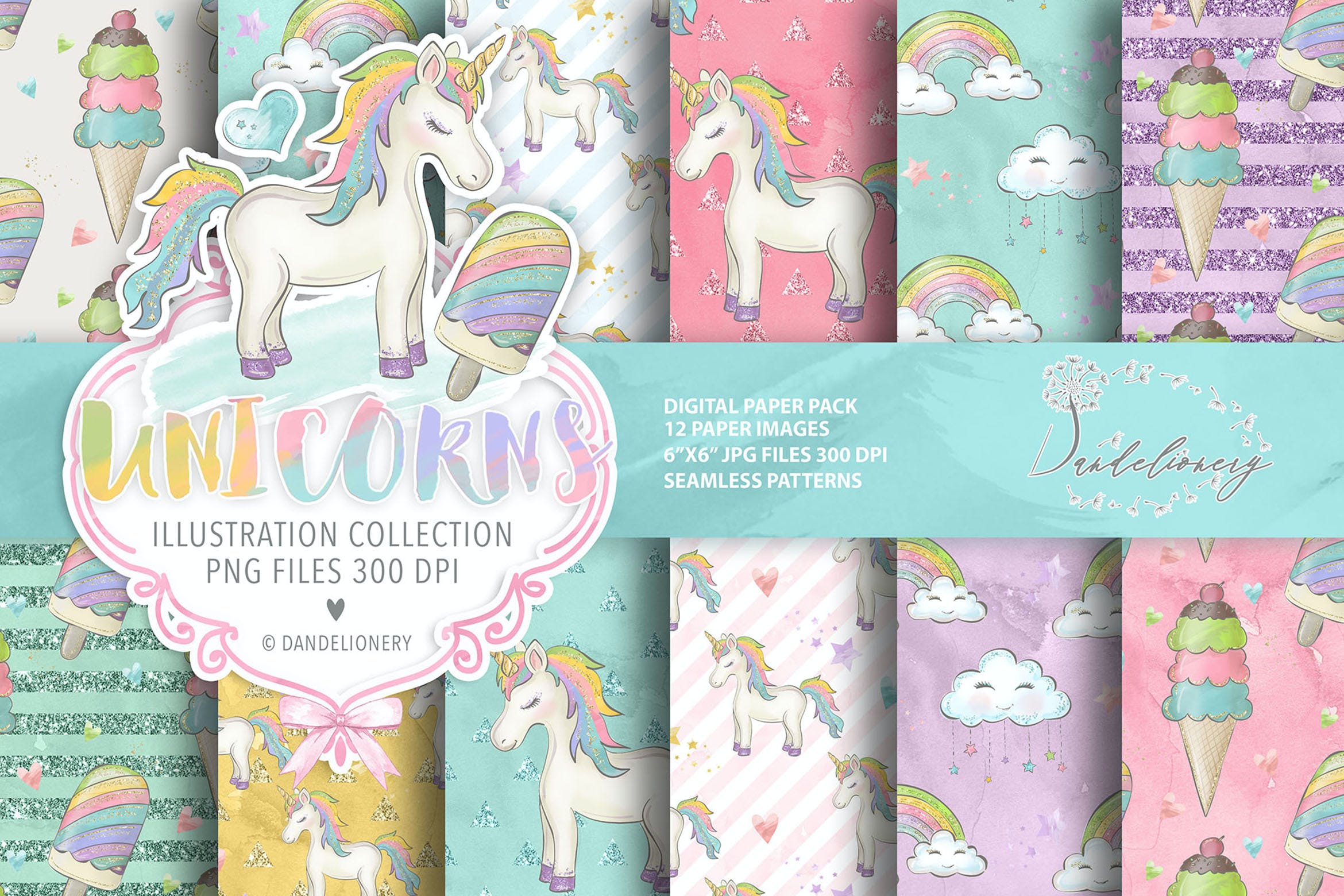 水彩独角兽数码纸图案设计素材 Unicorns digital paper pack