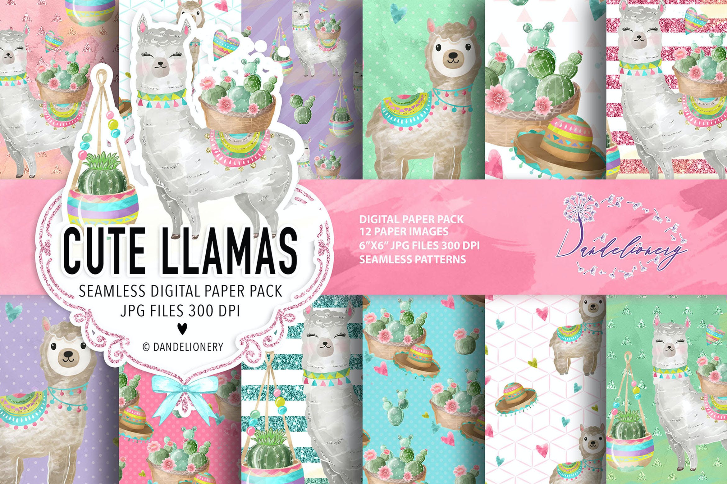可爱的美洲驼水彩数码纸图案设计素材 Cute Lama digital paper pack
