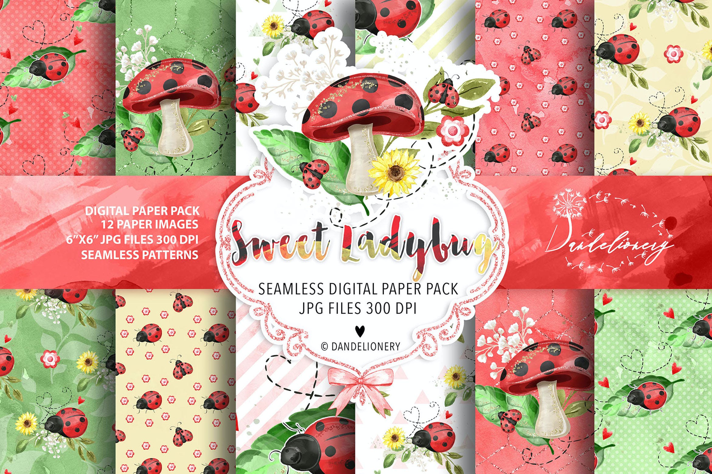 瓢虫水彩数码纸图案设计素材 Sweet Ladybug digital paper pack