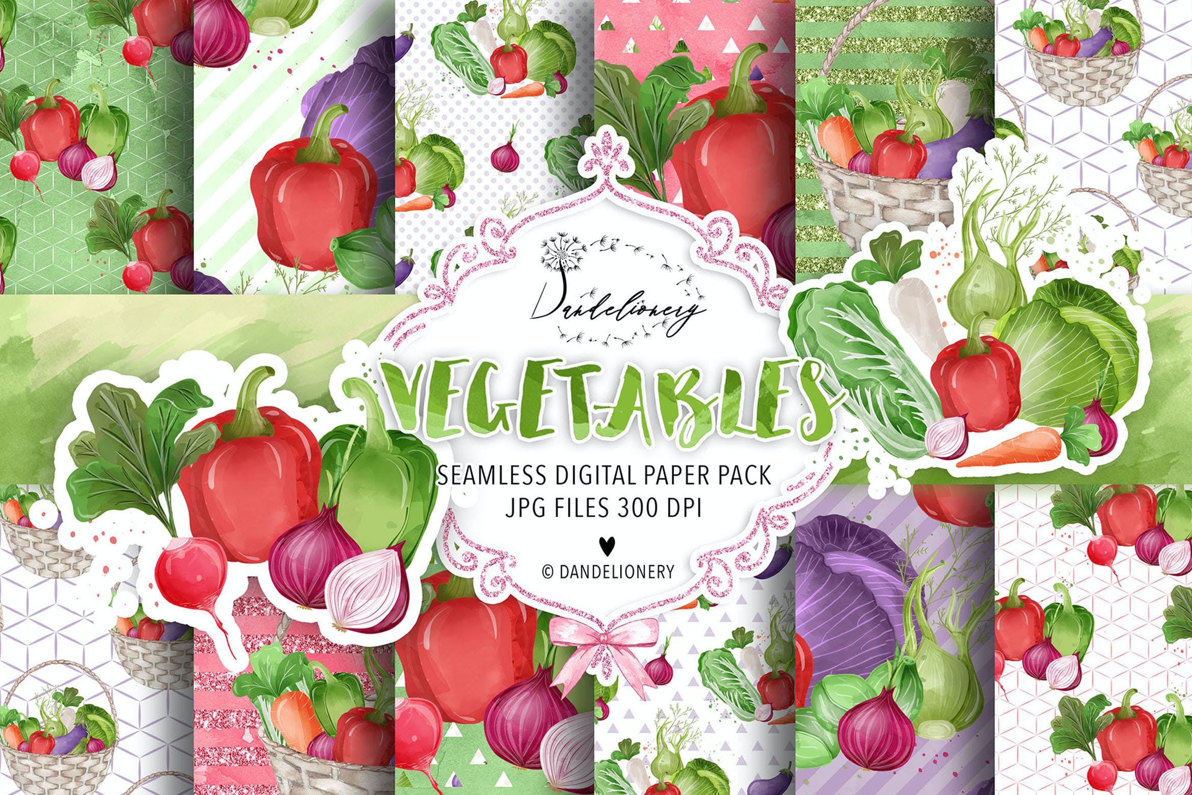 蔬菜水彩数码纸图案设计素材 Vegetables digital paper pack