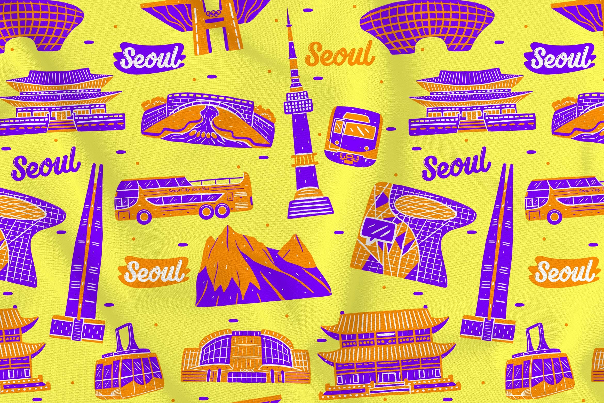 韩国首尔元素无缝图案背景素材v2 Seoul Seamless Pattern