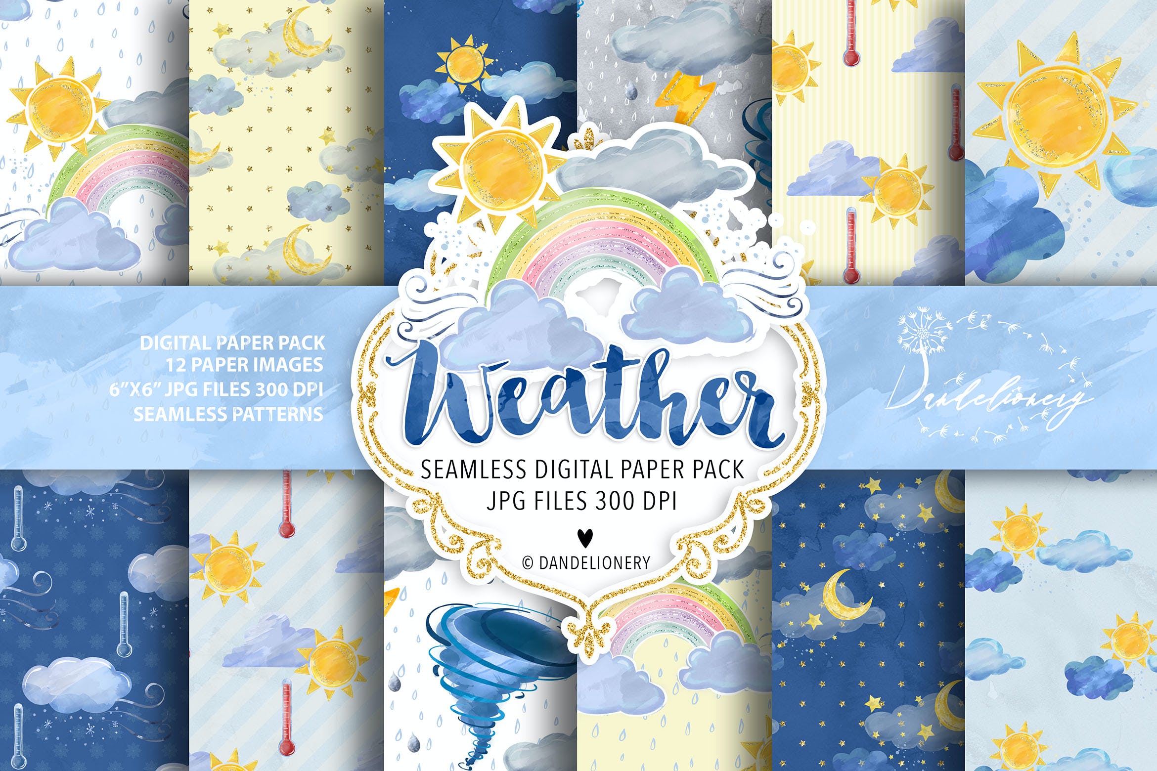 水彩天气数码纸图案设计素材 Watercolor Weather Digital paper pack