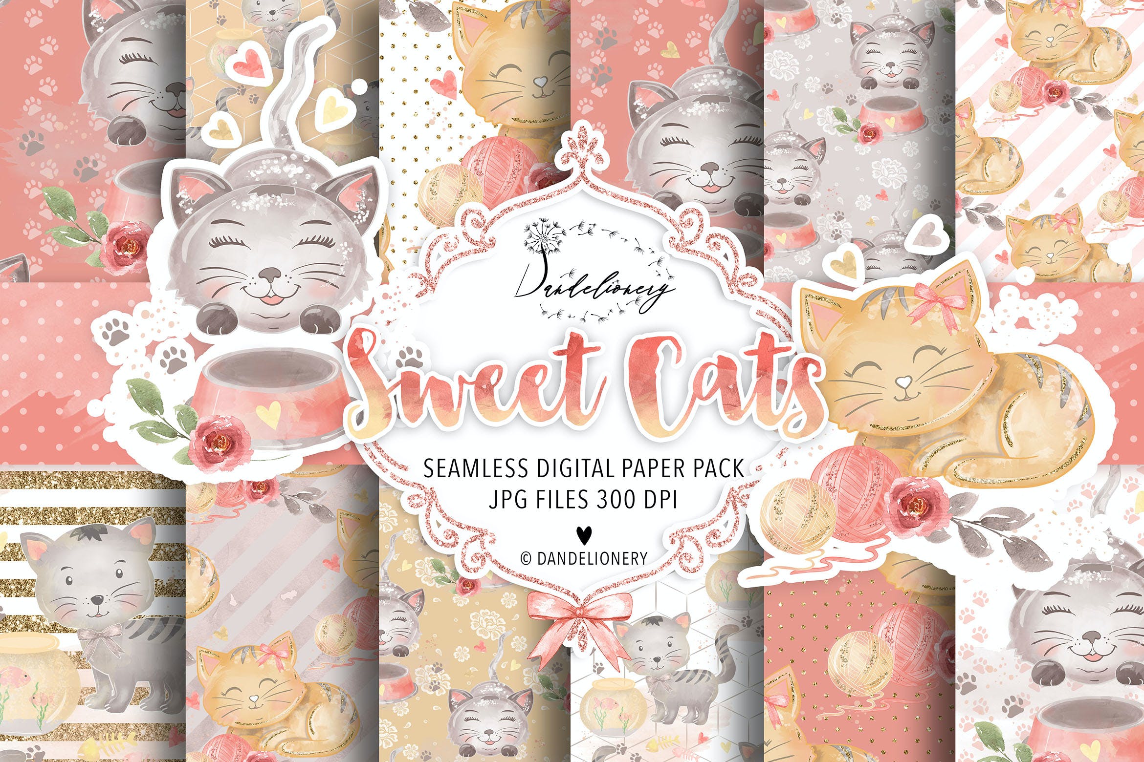 可爱猫咪水彩数码纸图案设计素材 Sweet Cats digital paper pack