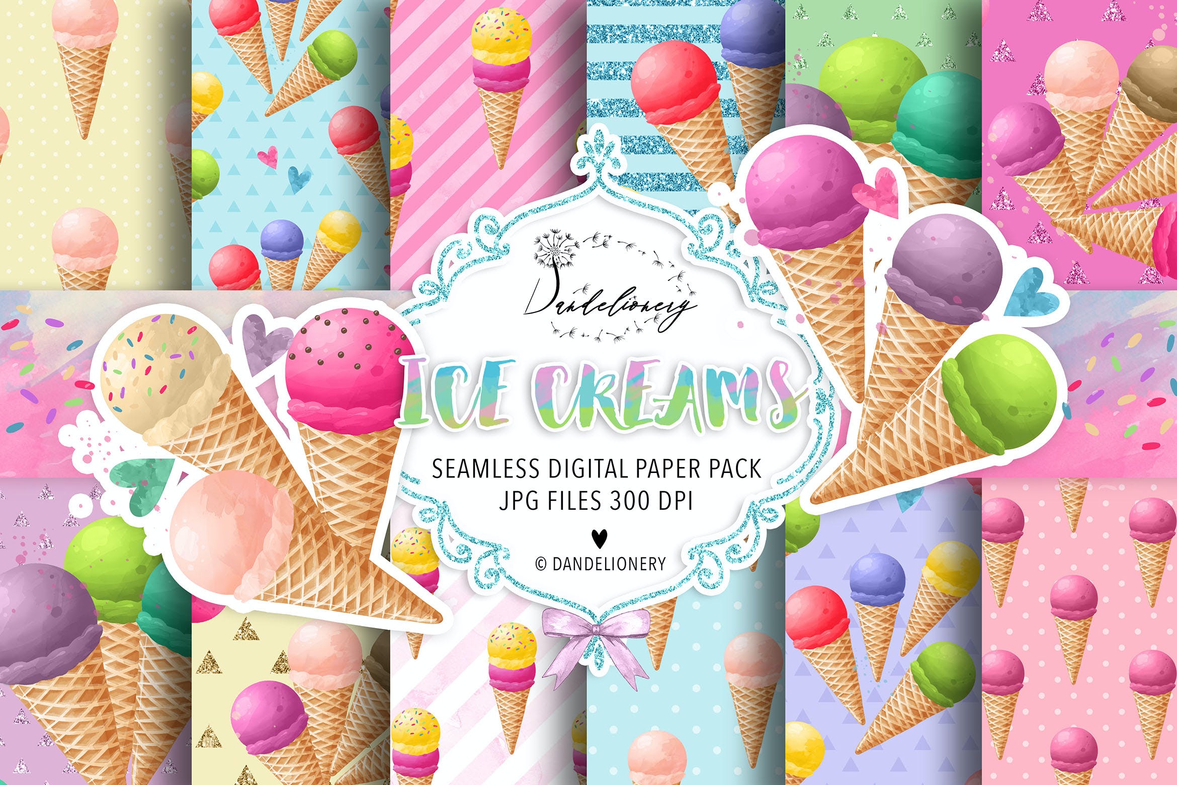 水彩冰淇淋数码纸图案设计素材  Watercolor Ice Creams digital paper pack